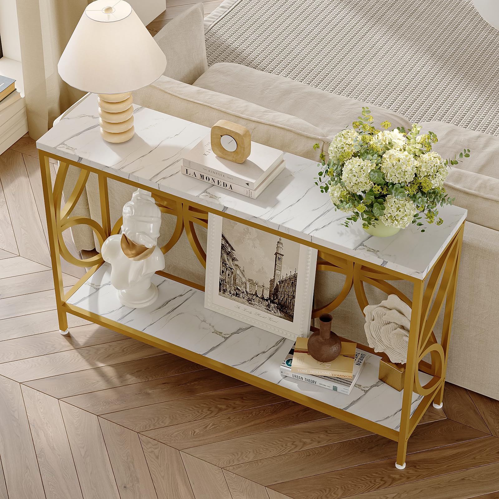 GiftGo Narrow Sofa Table 47.2 Inch, Industrial Sofa Table Behind Couch, Vintage Entry Console Table with Storage for Entryway, Living Room, Foyer, Elegant Design (White and Gold, 47.2)