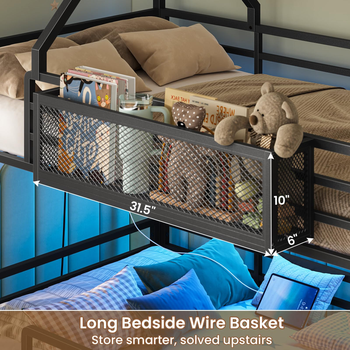 ADORNEVE House Bunk Bed Twin over Twin with Storage Basket, Black