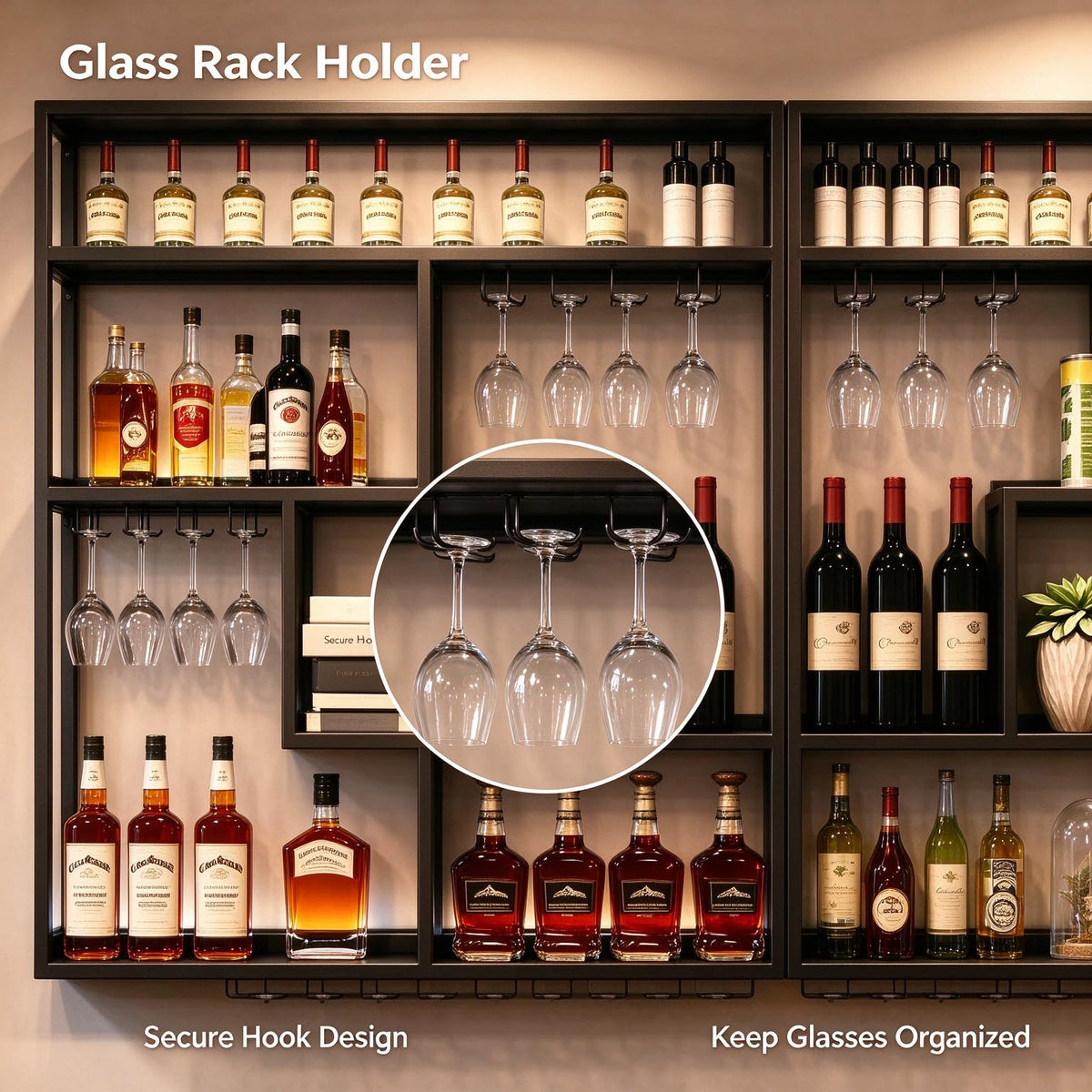 Gold Wall-Mounted Wine Rack with Glass Holder