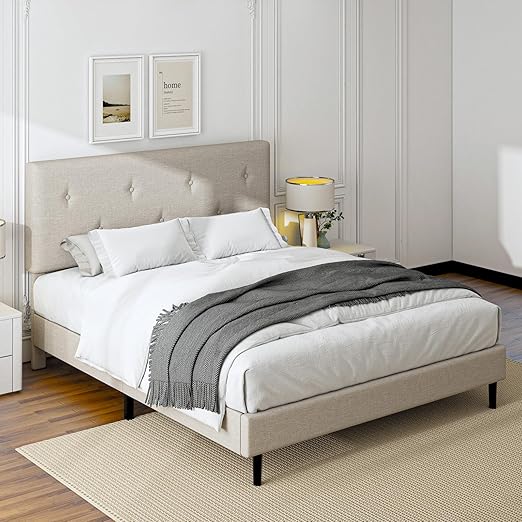 Linen Upholstered Platform Bed Frame with Adjustable Headboard & Wooden Slats