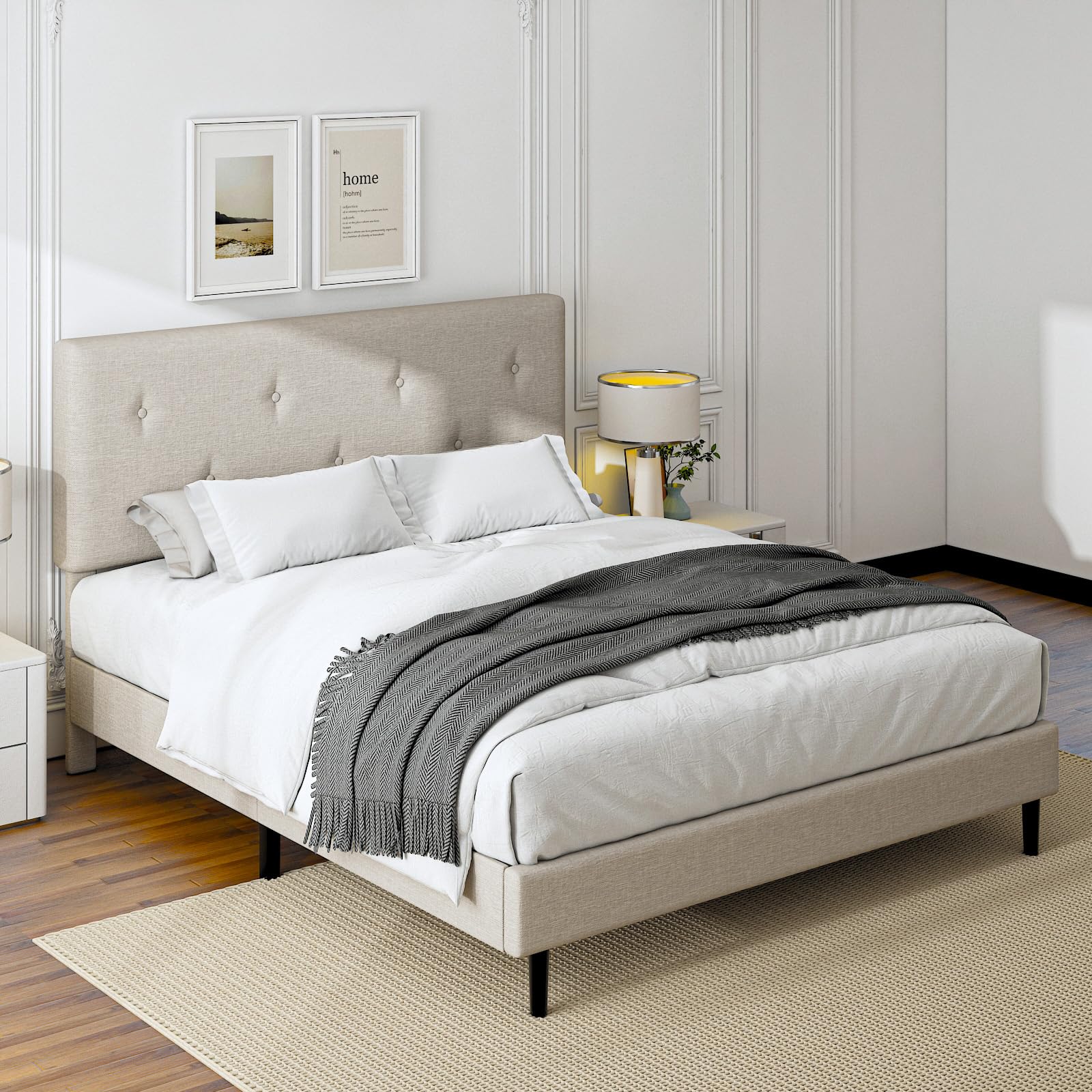 Linen Upholstered Platform Bed Frame with Adjustable Headboard & Wooden Slats