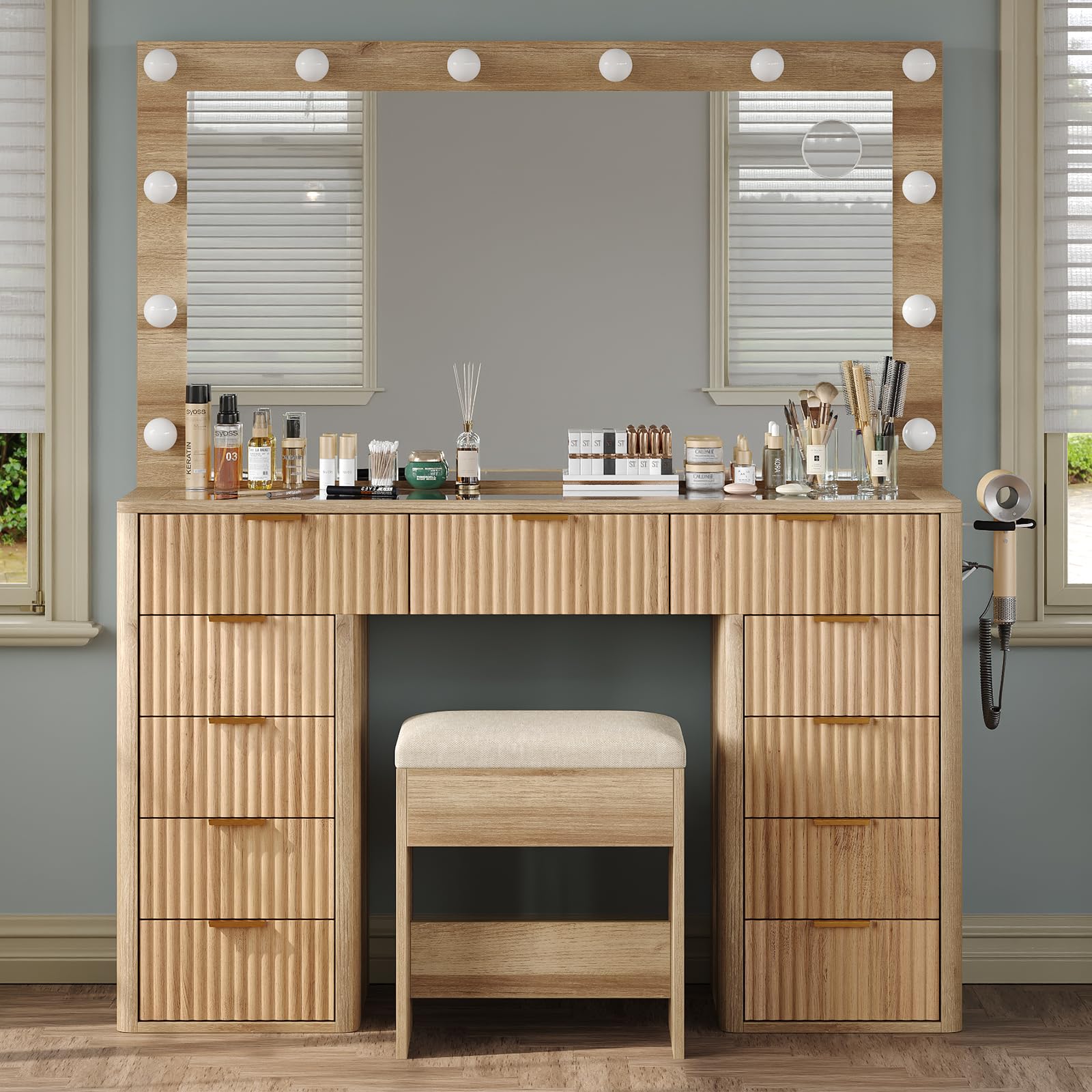 Cozynome 47" Vanity Desk with 3-Color LED Mirror & 11 Drawers, Fluted Makeup Vanity with Glass Top, Charging Station (2 Outlets, 2 USB), Includes Vanity Stool, for Bedroom, Natural