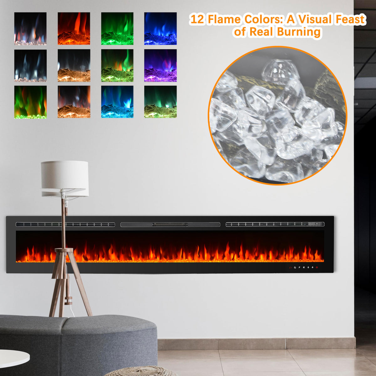 CharaVector 100 inch 750W/1500W Electric Fireplace Inserts with Remote Control in Wall Mounted, Energy Saving LED Insert Fireplace Heater Indoor Glass View with Remote Control & Touch Screen, Black