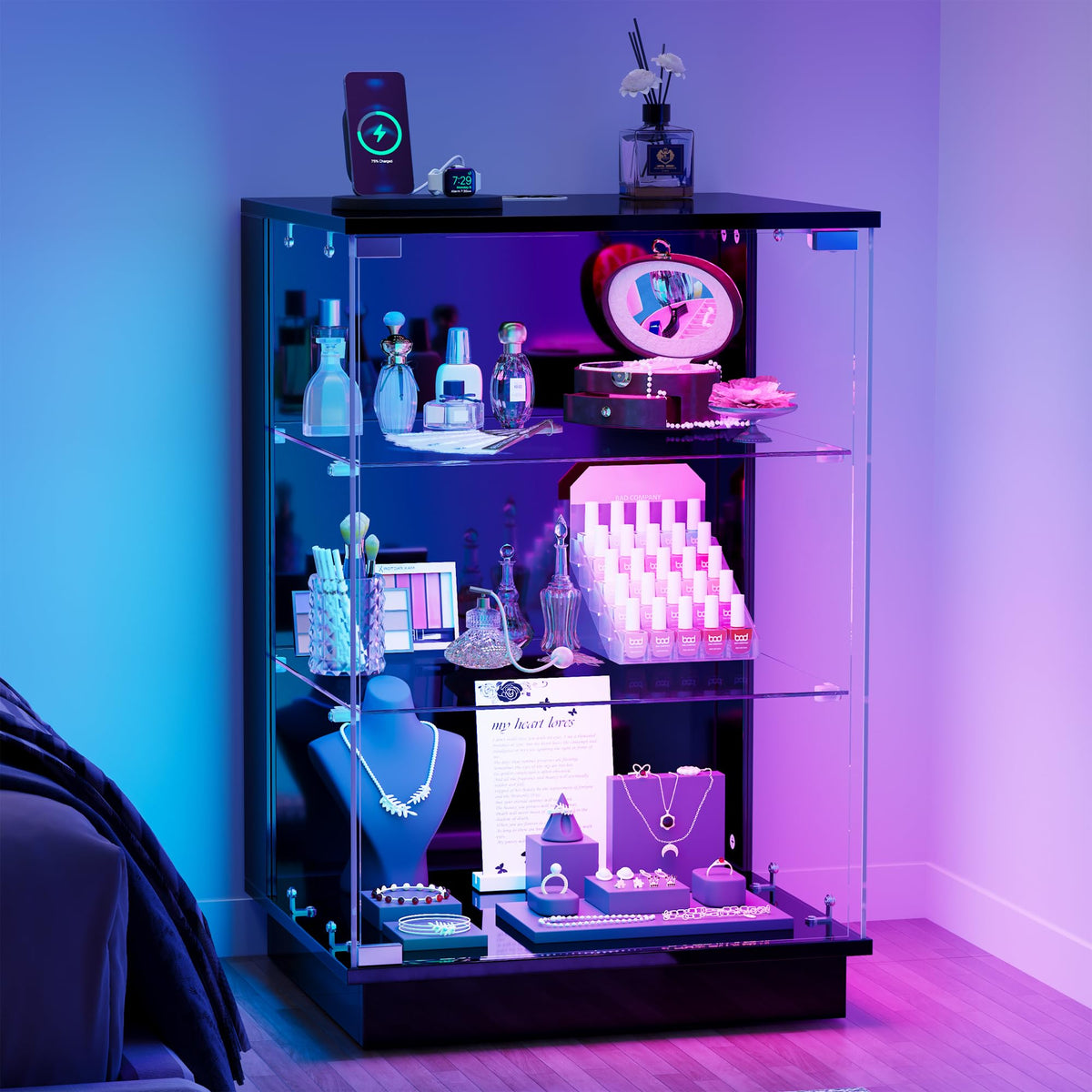 Black Glass Display Cabinet Set of 2 with RGB Lighting