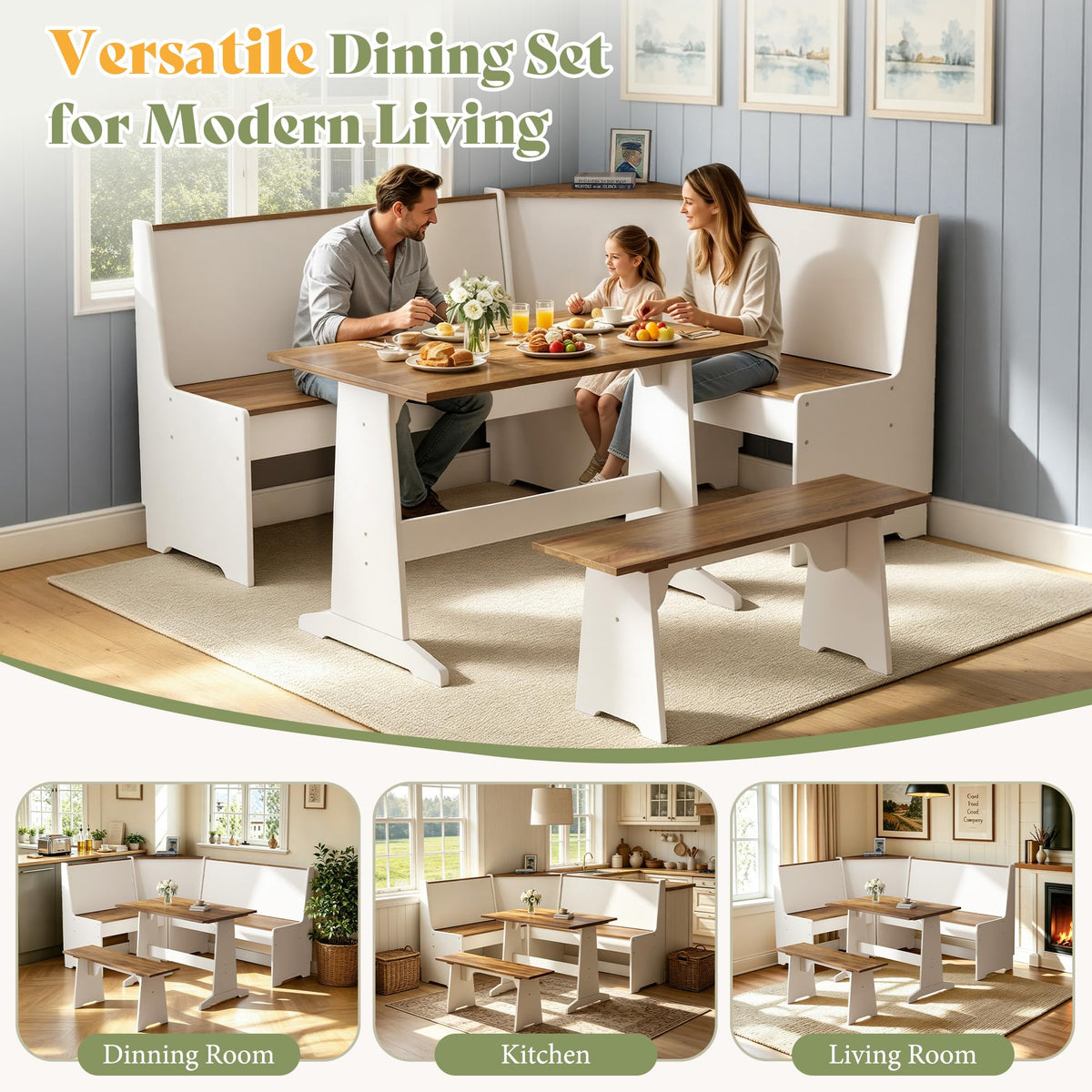 AMERLIFE 3-Piece Corner Dining Set with Hidden Storage, White & Barnwood