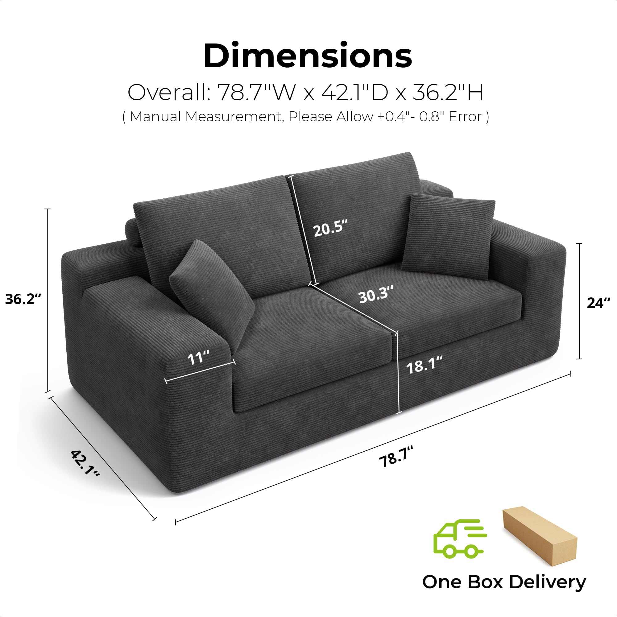 78" Corduroy Loveseat Sofa – Deep Seat, No Assembly