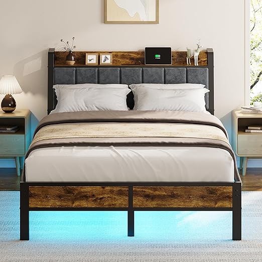Metal Platform Bed Frame with Upholstered Headboard, Charging Station & LED Lights