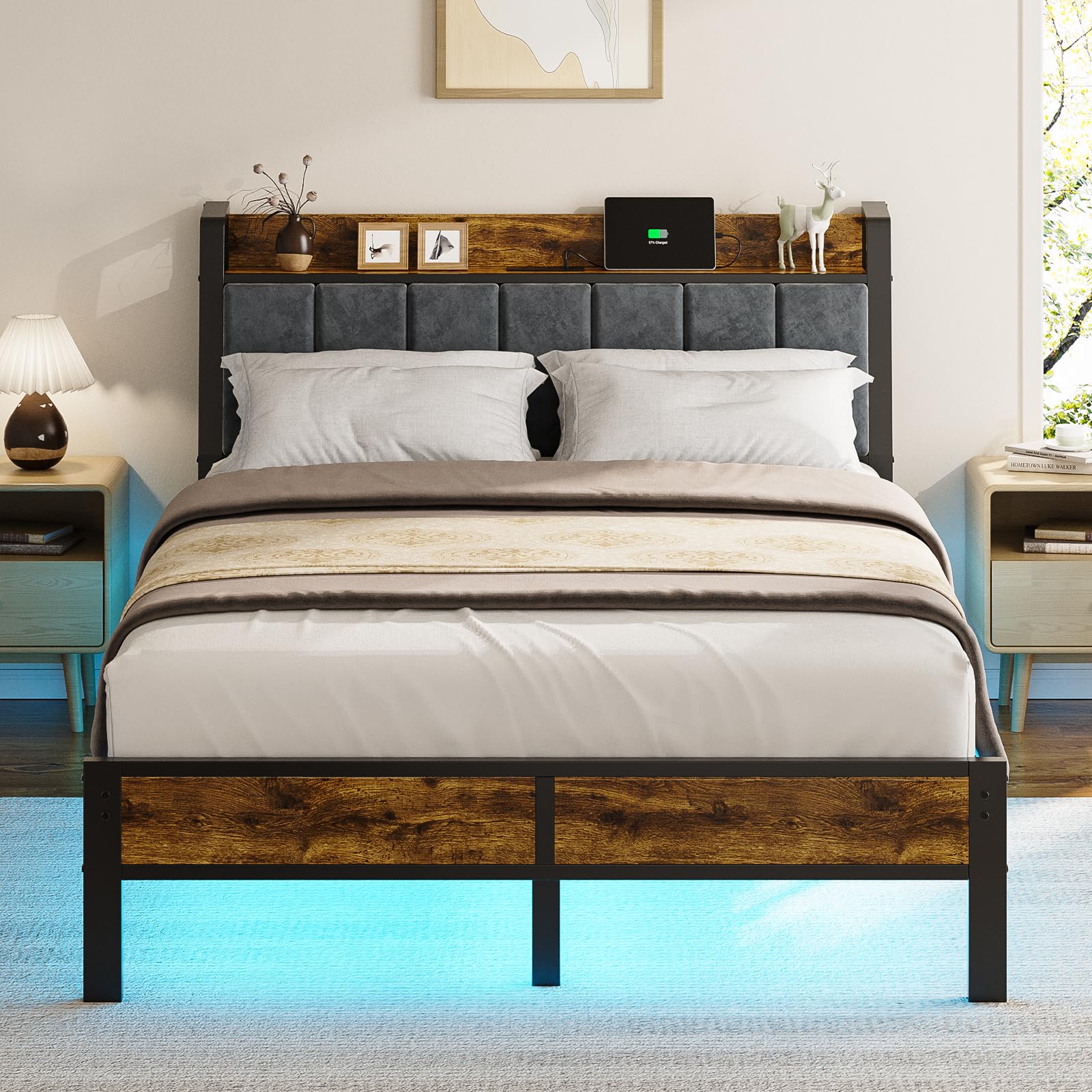 Platform Bed Frame with Charging Headboard, RGB LED Lights & Metal Slats