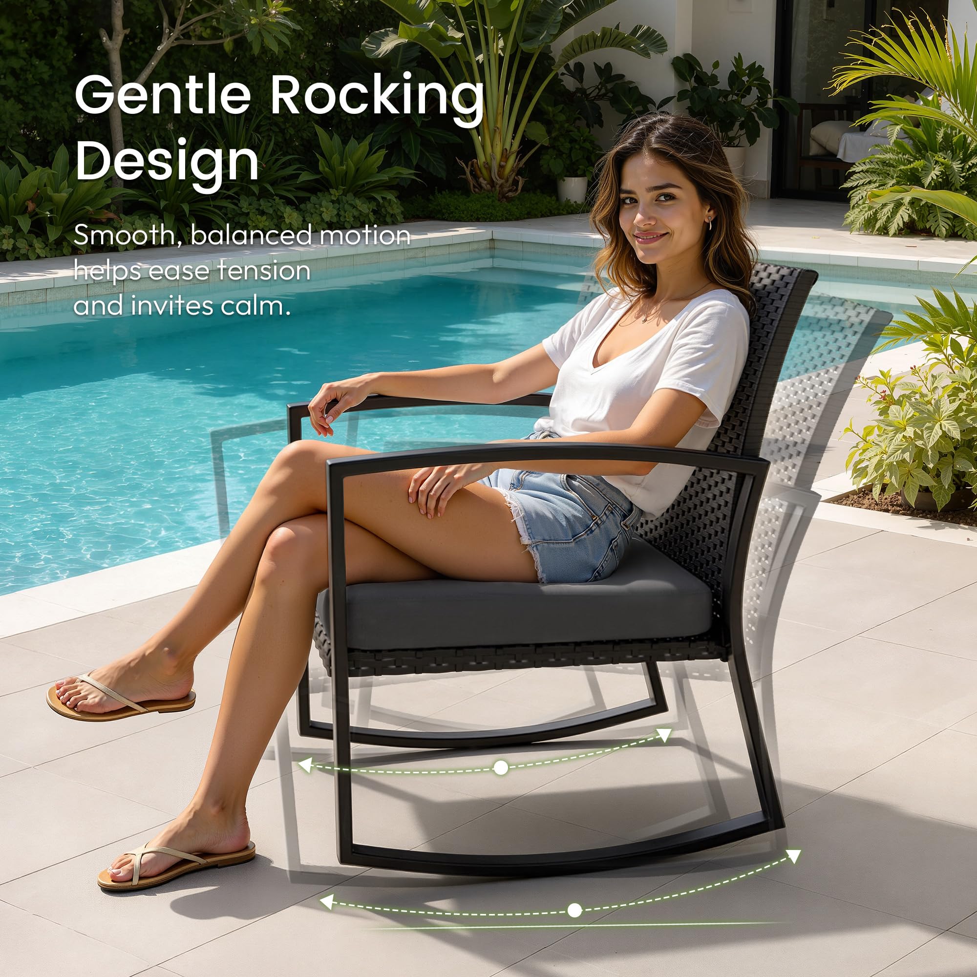 LAWNOOK Rocking Patio Bistro Sets - All-Weather - 3 Piece Rattan Conversation Furniture Set, Wicker Outdoor Front Porch Chair for Balcony, Porch, Garden, Backyard, Poolside,Medium Gray