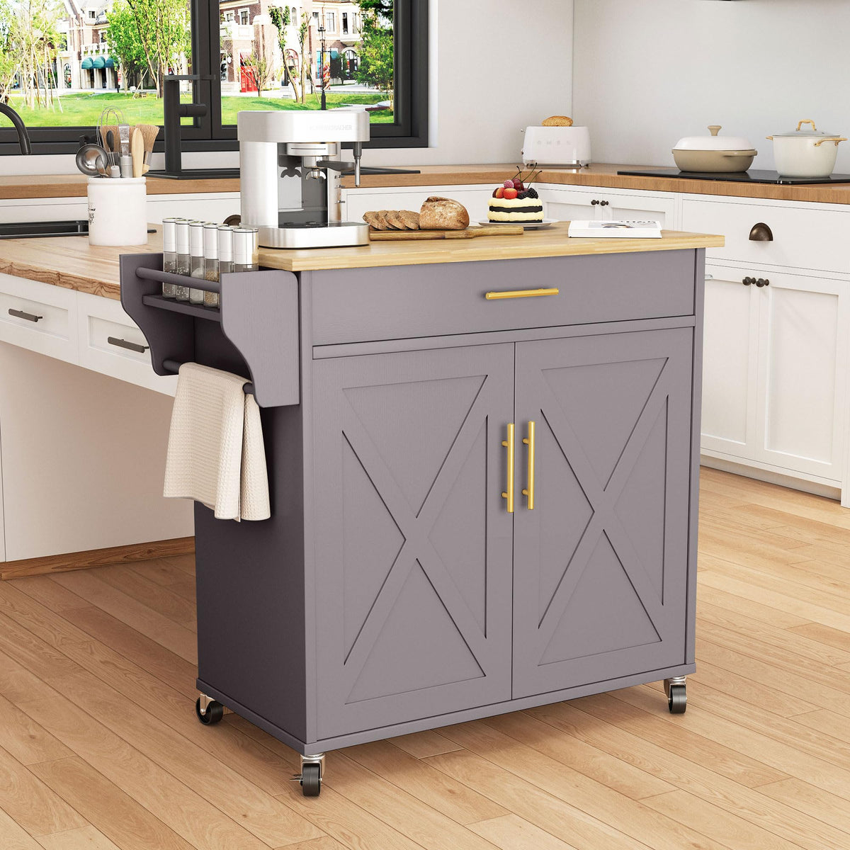 Pingliang Rolling Kitchen Island with Storage, 34.7'' Solid Wood Top, Grey