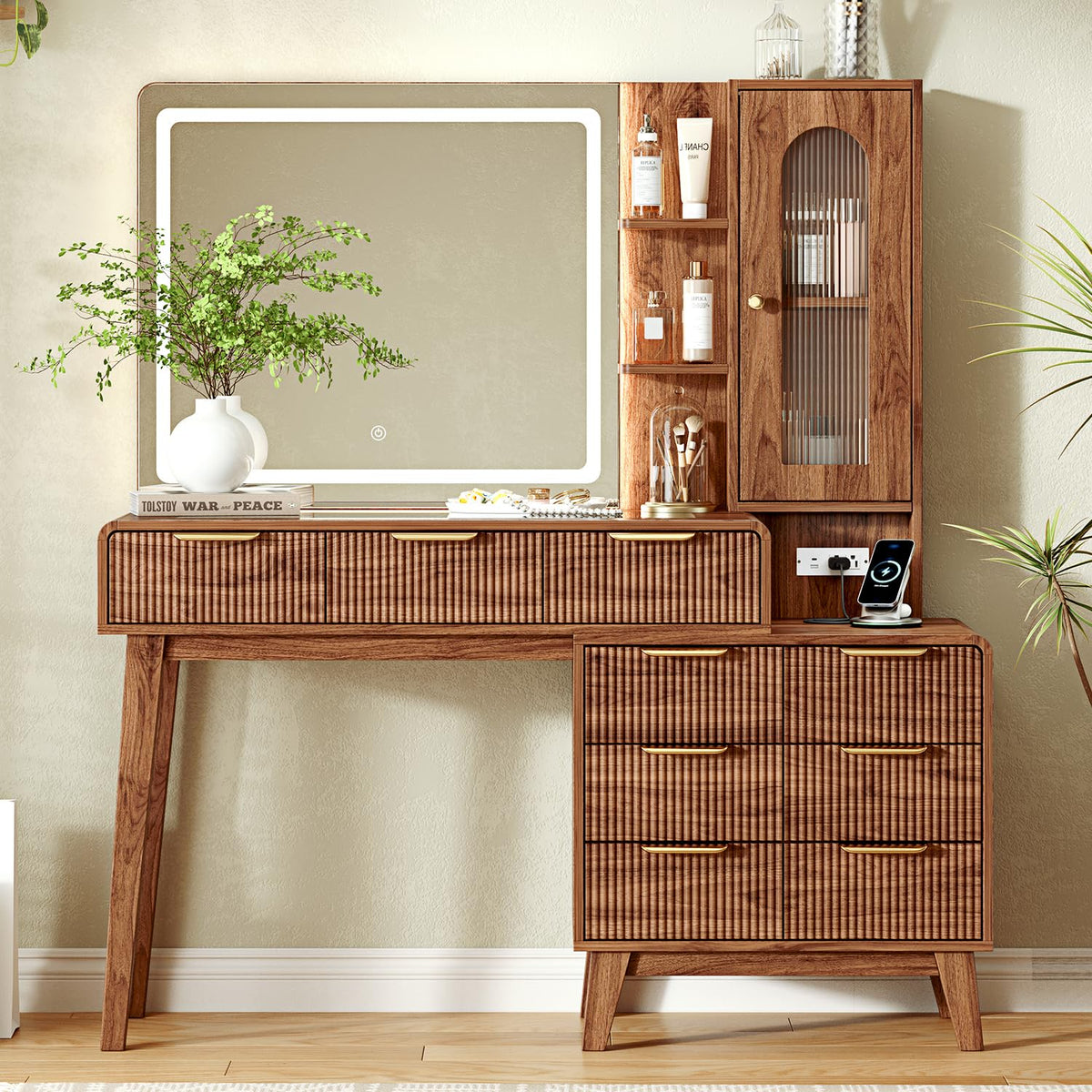 Glass Top Makeup Vanity with 3-Color LED Lighted Mirror & Power Strip, Large Vanity Table with 9 Drawers, Enclosed Cabinet & 2-Tier Open Shelves, Wooden Legs Bedroom Dressing Table, 51.38"W, Brown