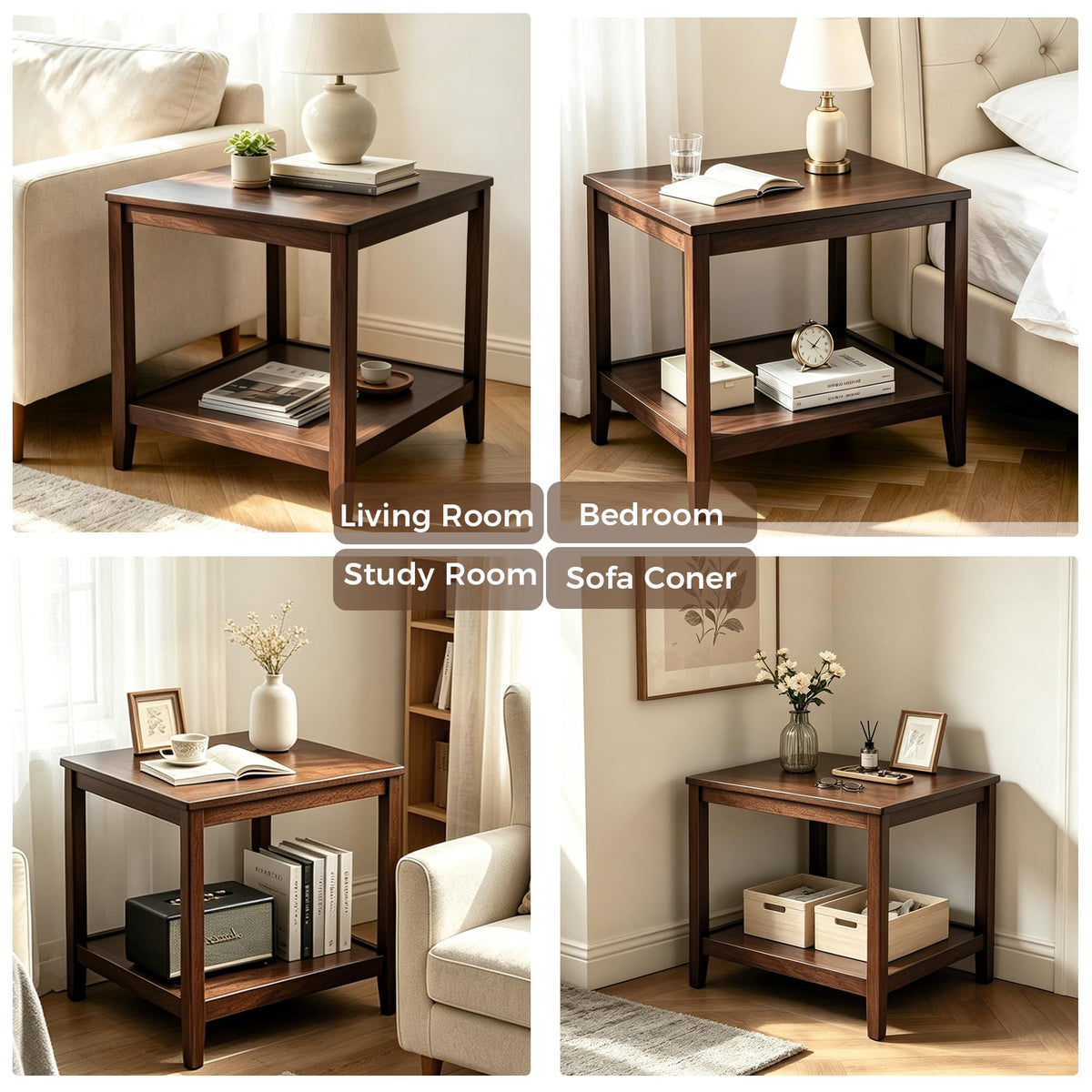 Kelvorvin Square Side Table, Solid Wood End Table 2-Tier Small Coffee Table