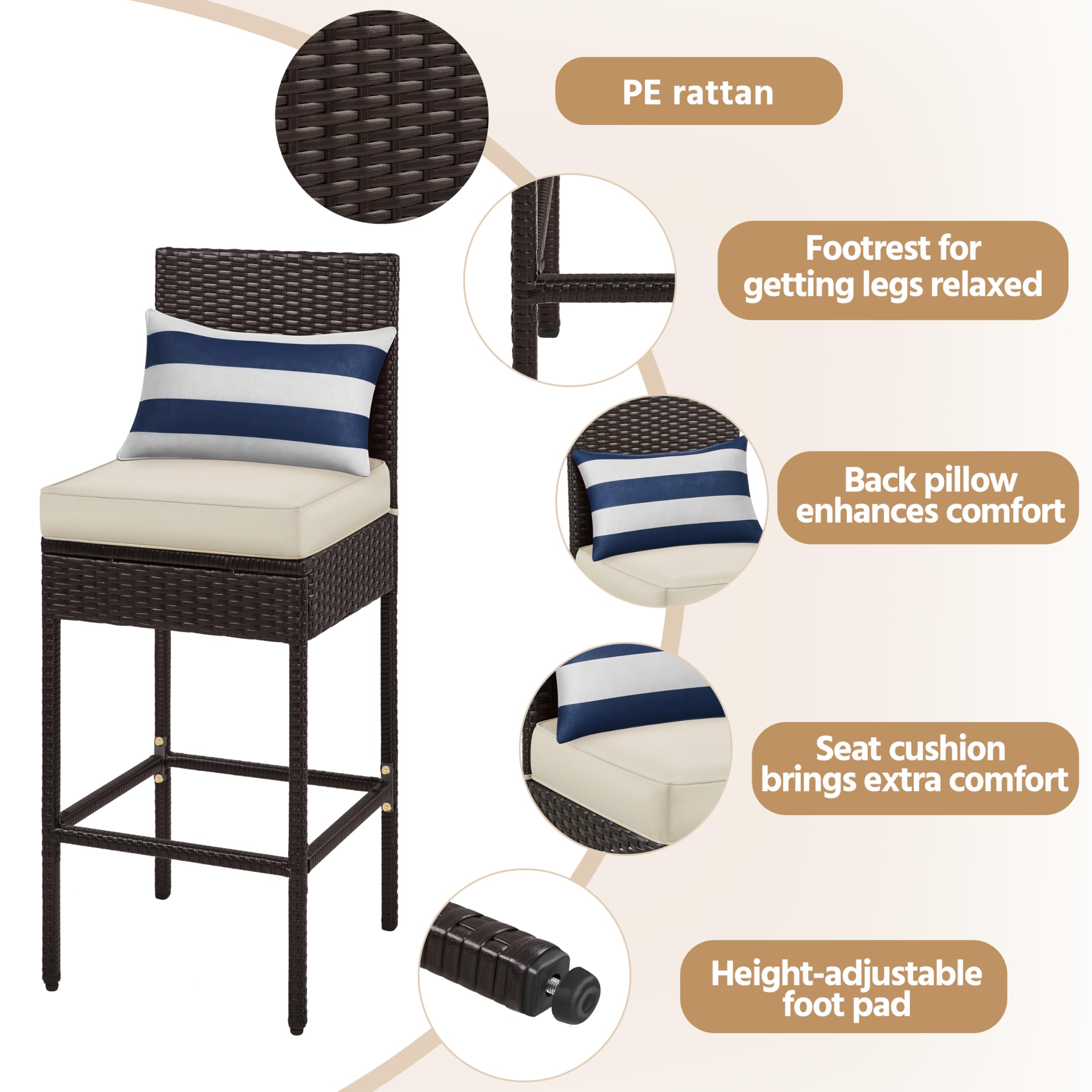 Outdoor PE Rattan Bar Stools with Cushions & Footrests