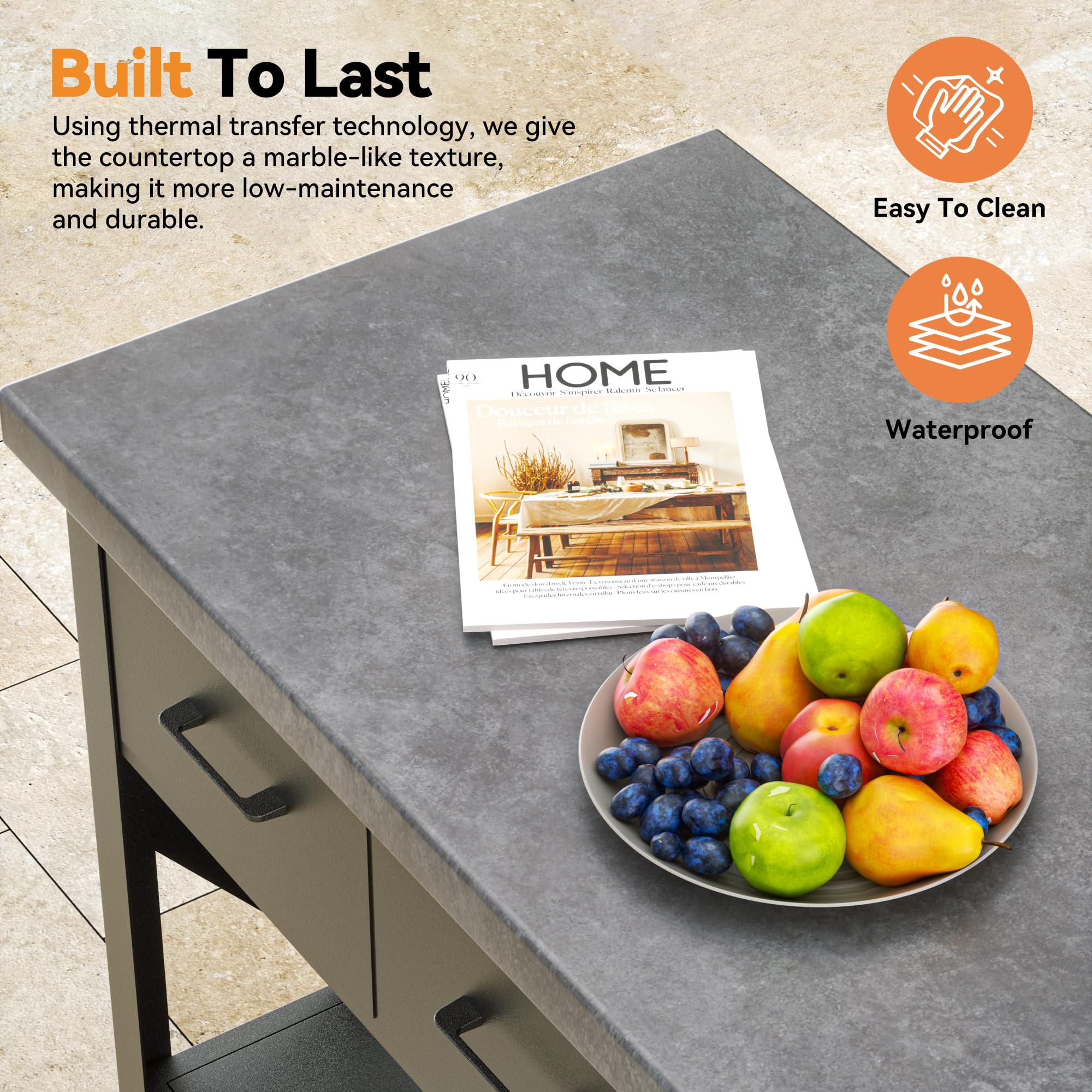 Outdoor Grill Cart with Marble-Textured Top