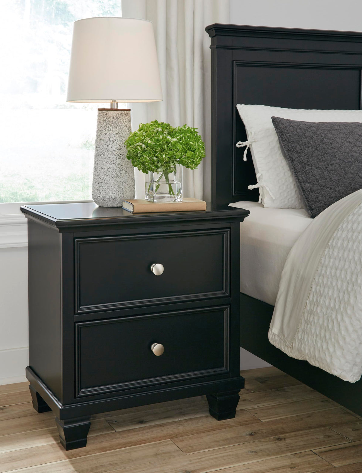 Black Two-Drawer Farmhouse Nightstand