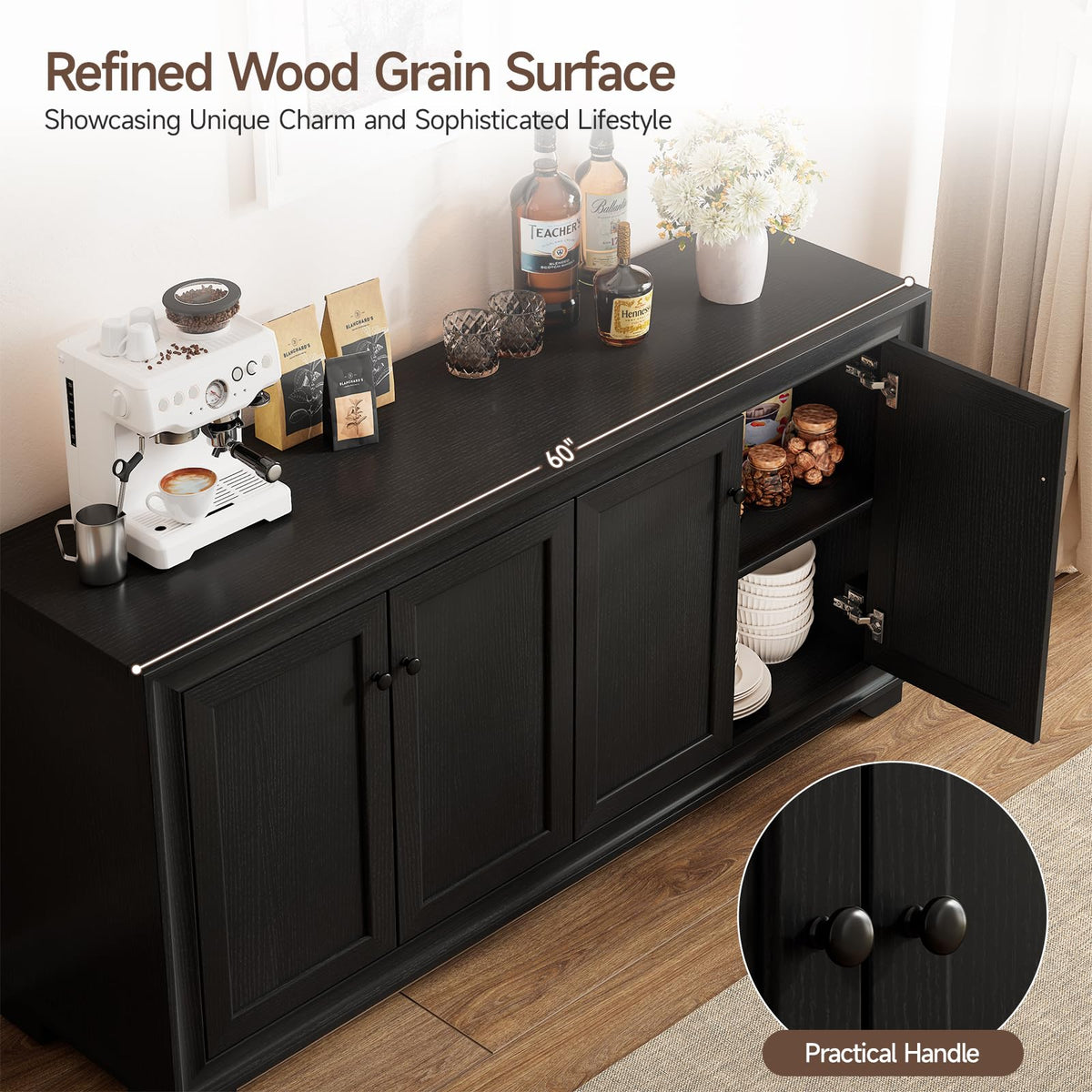 Comfycorner 60" Buffet Cabinet with Storage, Sideboard Buffet Table Black