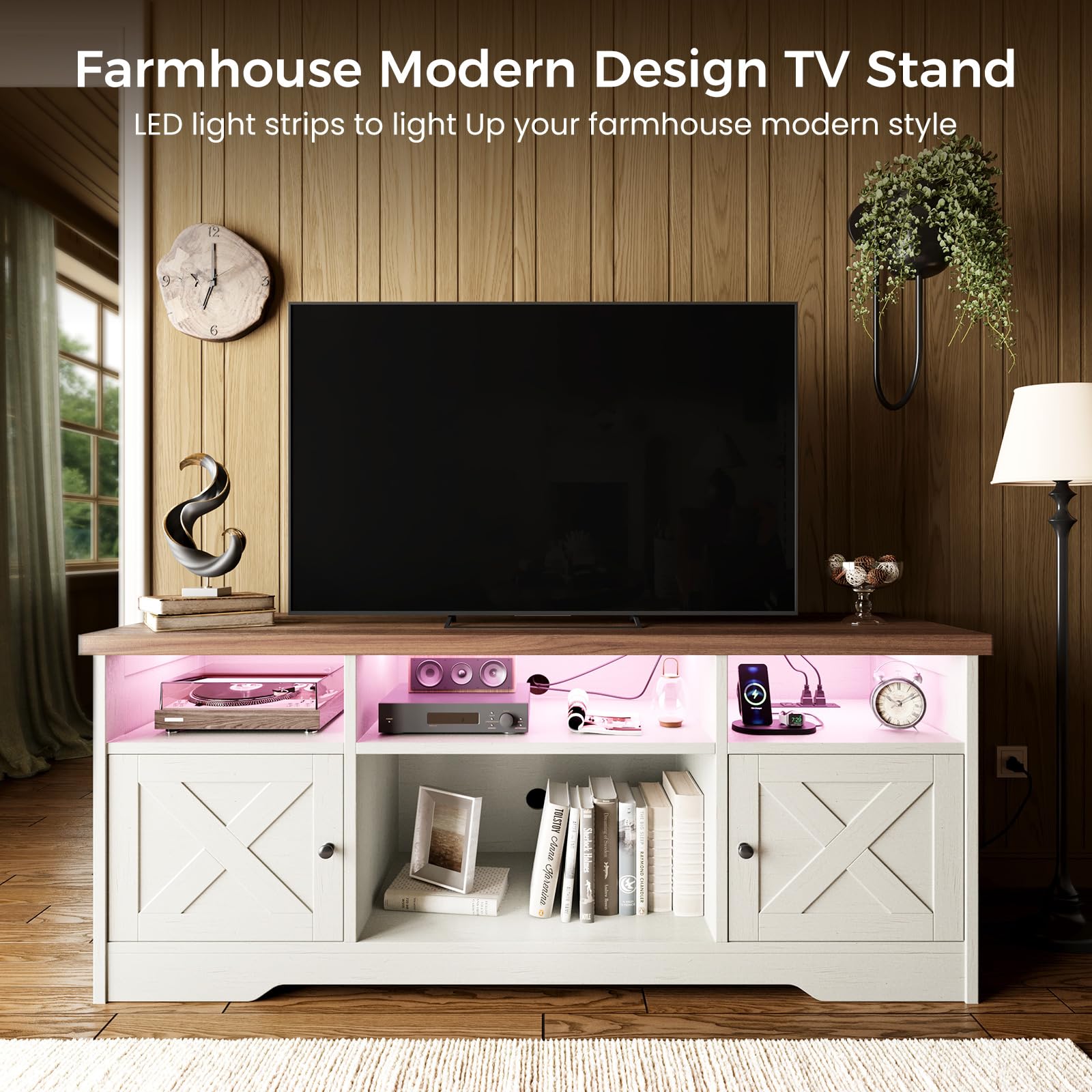 LED TV Stand with Power Outlet & Storage Cabinets
