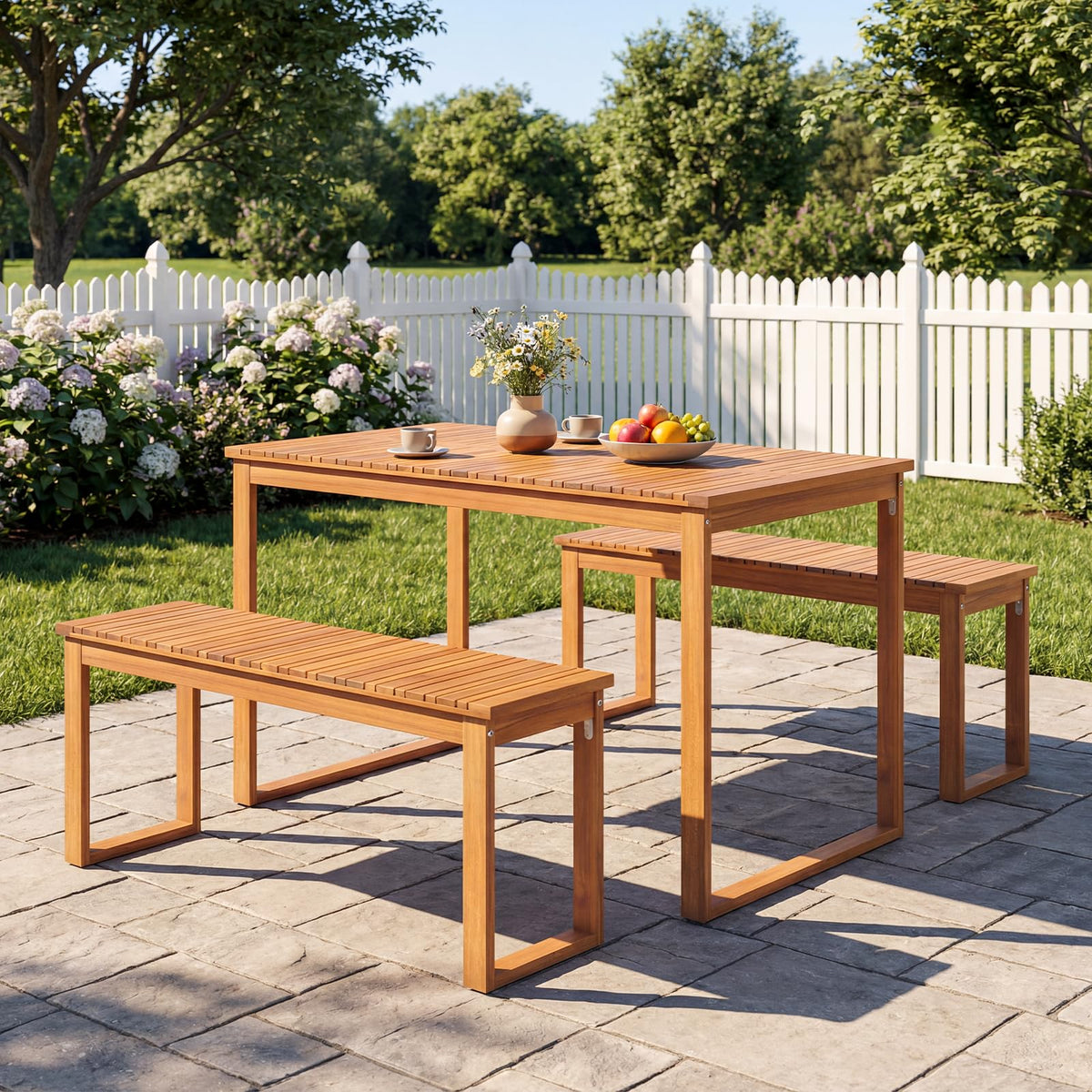 Tangkula 3 Pieces Patio Wooden Dining Set, Acacia Wood Rectangular Picnic Beer Table with 2 Benches for 4 People, Outdoor Dinner Furniture Set for Backyard, Garden and Poolside