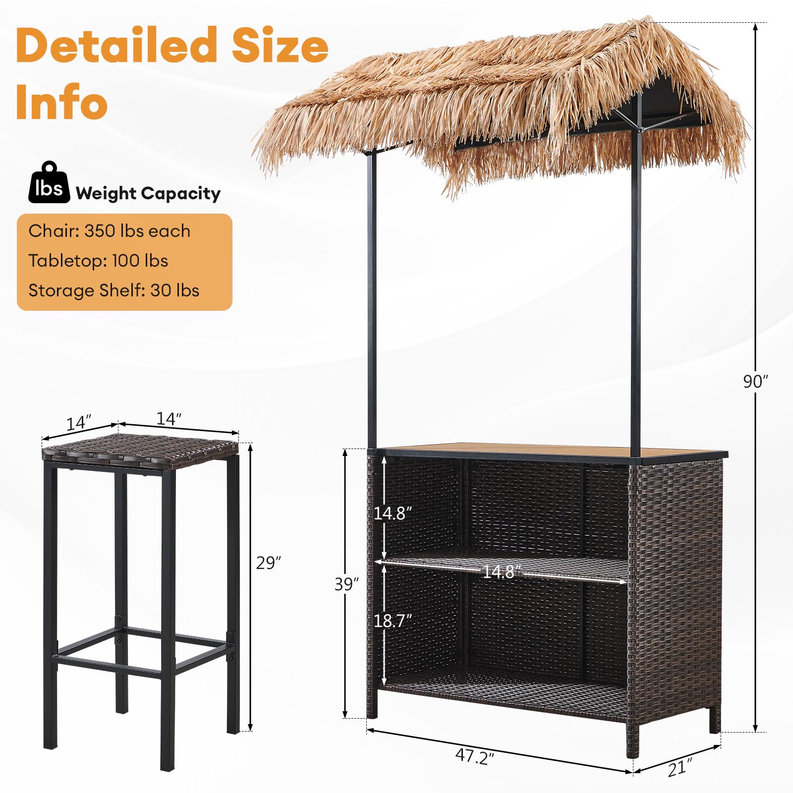 Opohoro Outdoor Tiki Bar Set - 3 Pieces Wicker Patio Bar Height Set with Palapa Top and 2 Stools, All-Weather Patio Bar Set with Storage Shelves & Wine Glass Rack for Garden Patio Backyard Brown