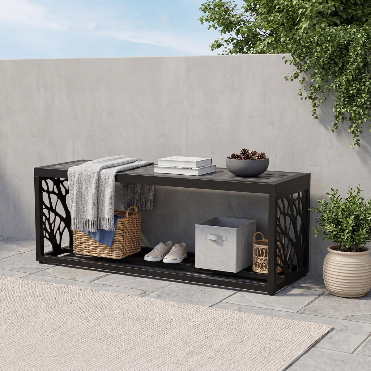 Orbotots 47" Outdoor Storage Bench, HDPE Seat, Steel Frame, Tree