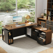 L-Shaped Electric Standing Desk with File Cabinet