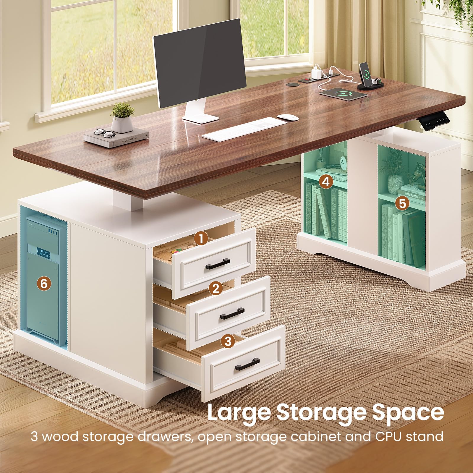 Electric Standing Desk with Drawers, Storage & Power Outlets – 63"