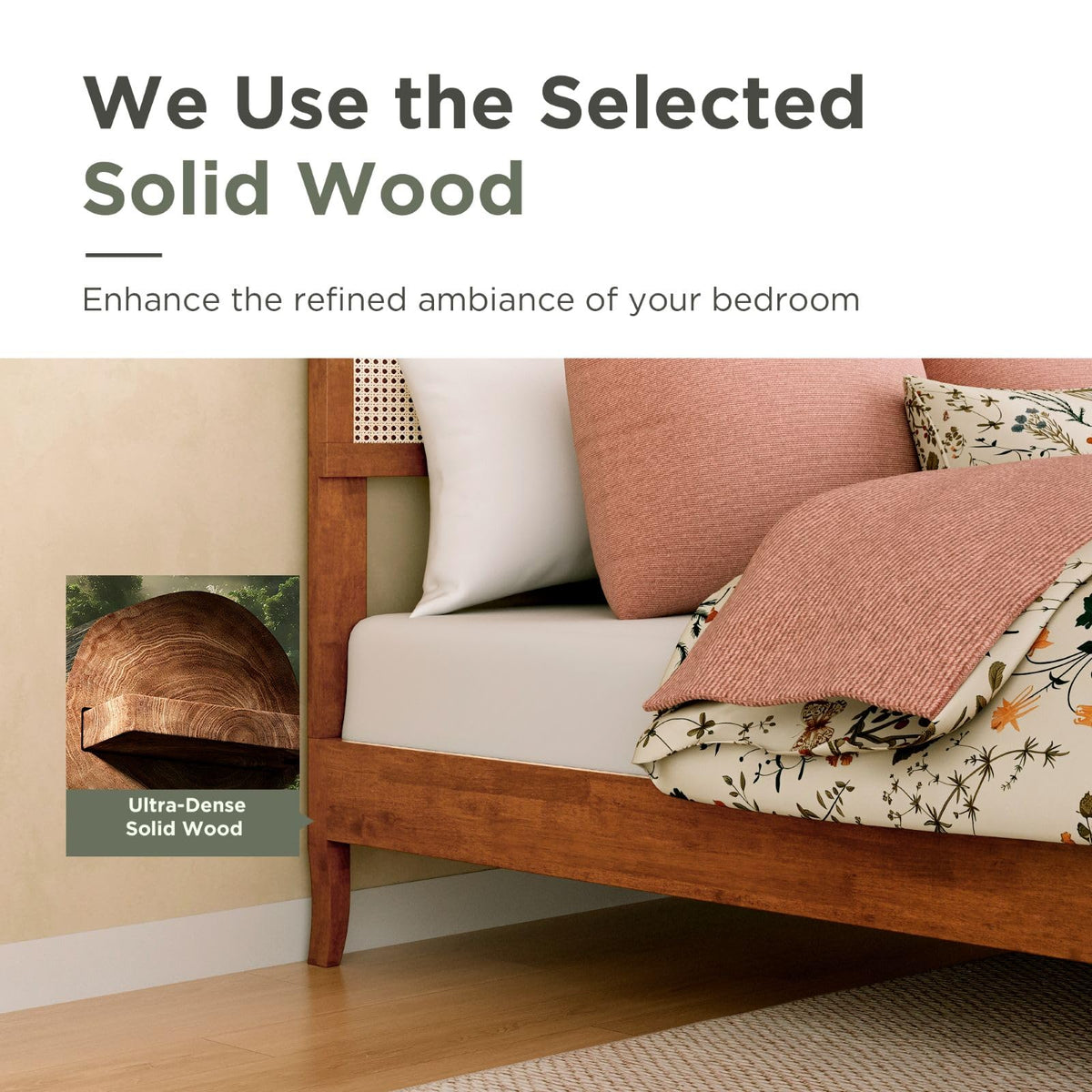 Sophia & William Queen Bed Frame with Headboard, Solid Wood Bedframe