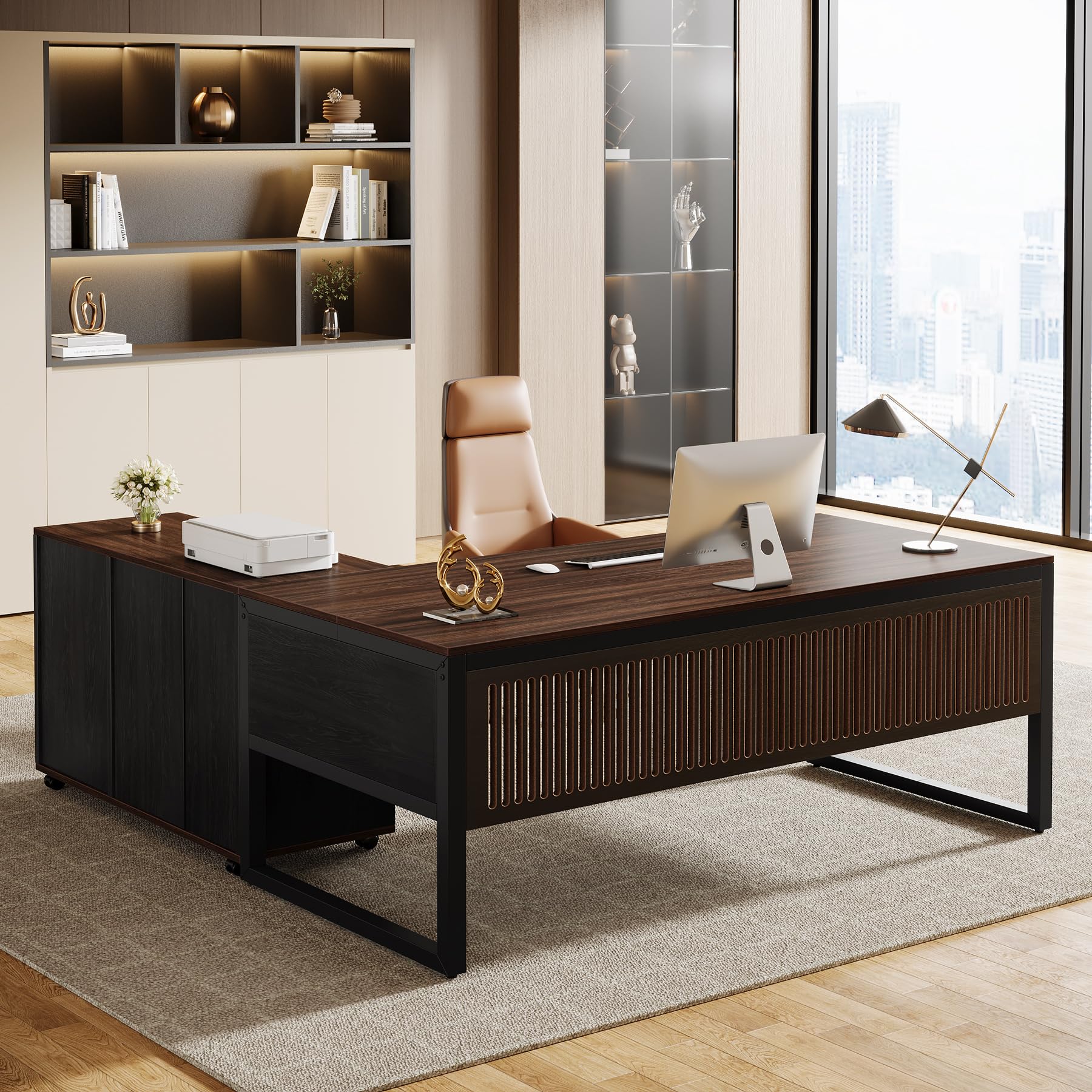 L-Shaped Executive Desk with Mobile File Cabinet