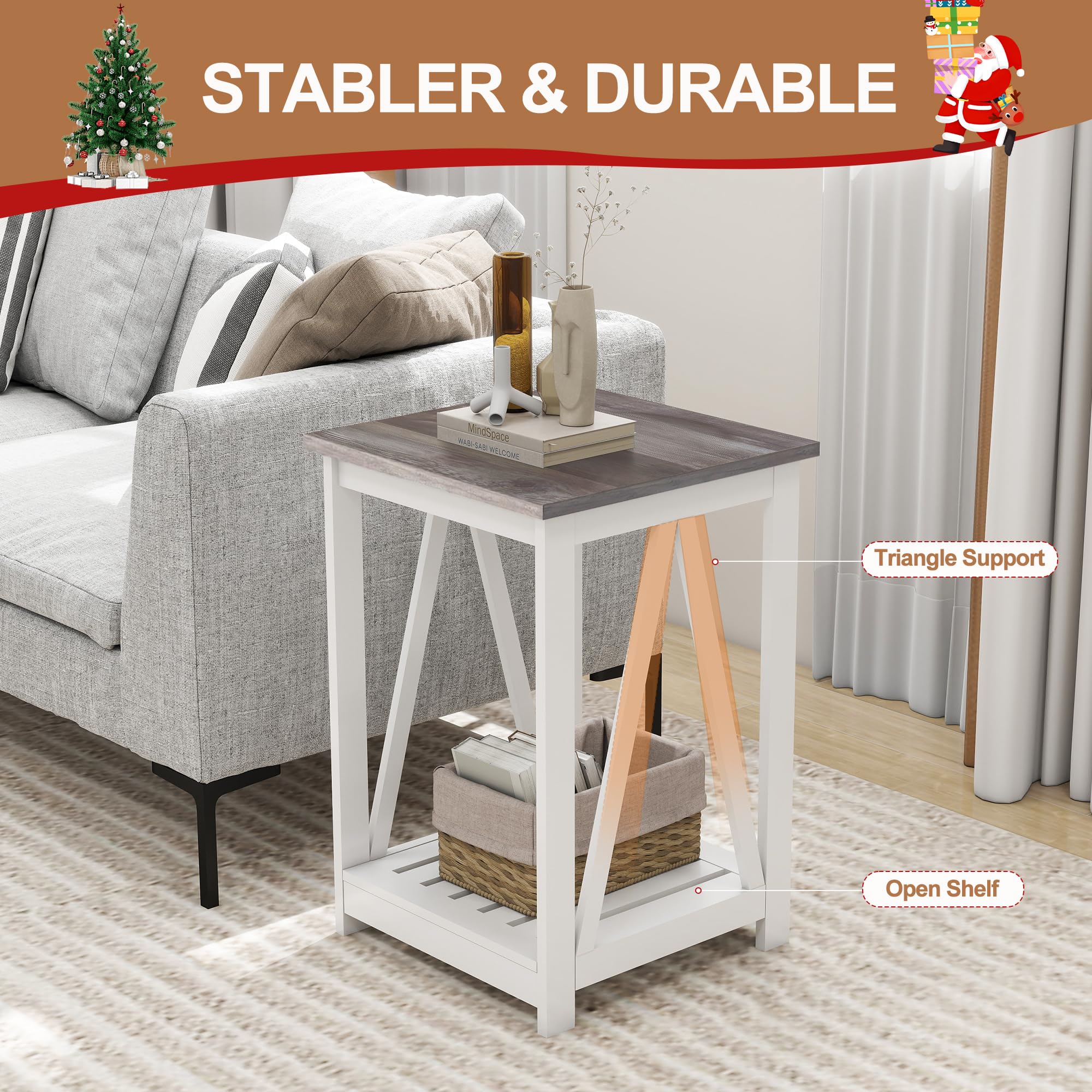 UYIHOME Farmhouse Square End Table, Accent Side Table with Slats Design, Sofa Side Table with Sturdy Frame for Living Room, Oak Grey