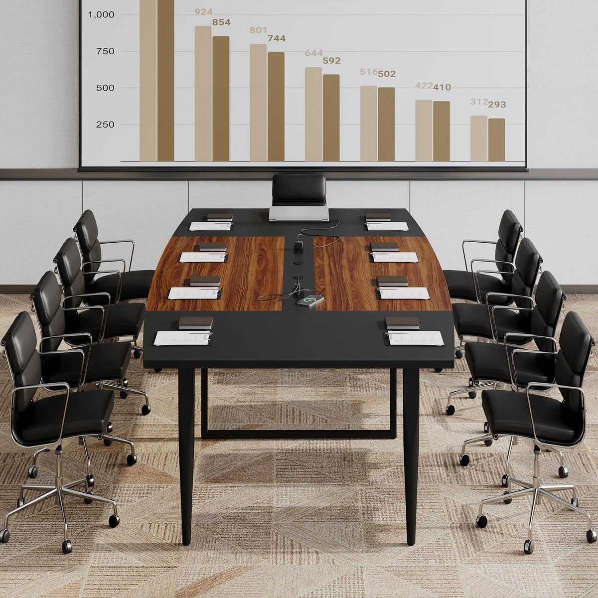 Yanosaku 8FT Conference Table with Power Hubs, Large Meeting Table for 8-10 People, Sturdy Metal Legs, 2 Cable Grommets, Modern Office Conference Table for Conference Room, Office, Meeting Room