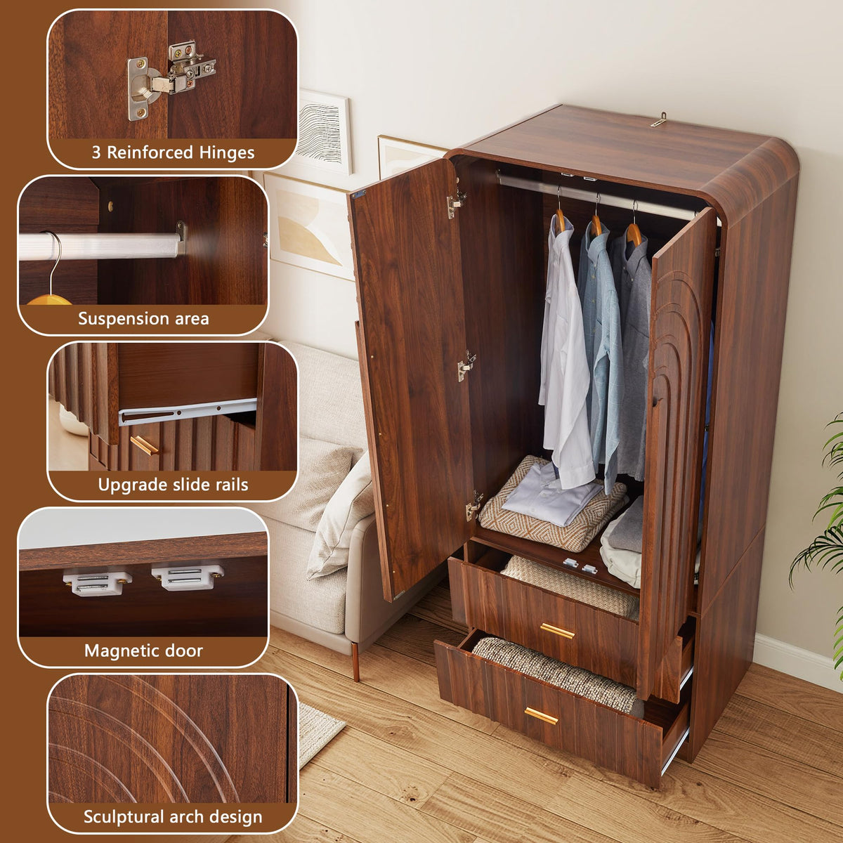 ORRD Freestanding Armoire Wardrobe Closet with Arched Fluted 2 Doors and 2 Storage Drawers, Large Capacity Wardrobe Cabinet Bedroom Organizer for Clothes, Blankets and Accessories, Walnut