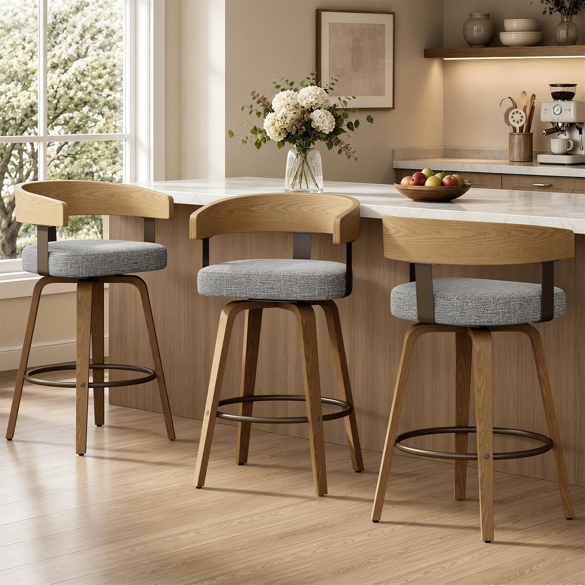 REONEY Swivel Bar Stools Set of 2, 26" Counter Height Barstools, Grey Linen