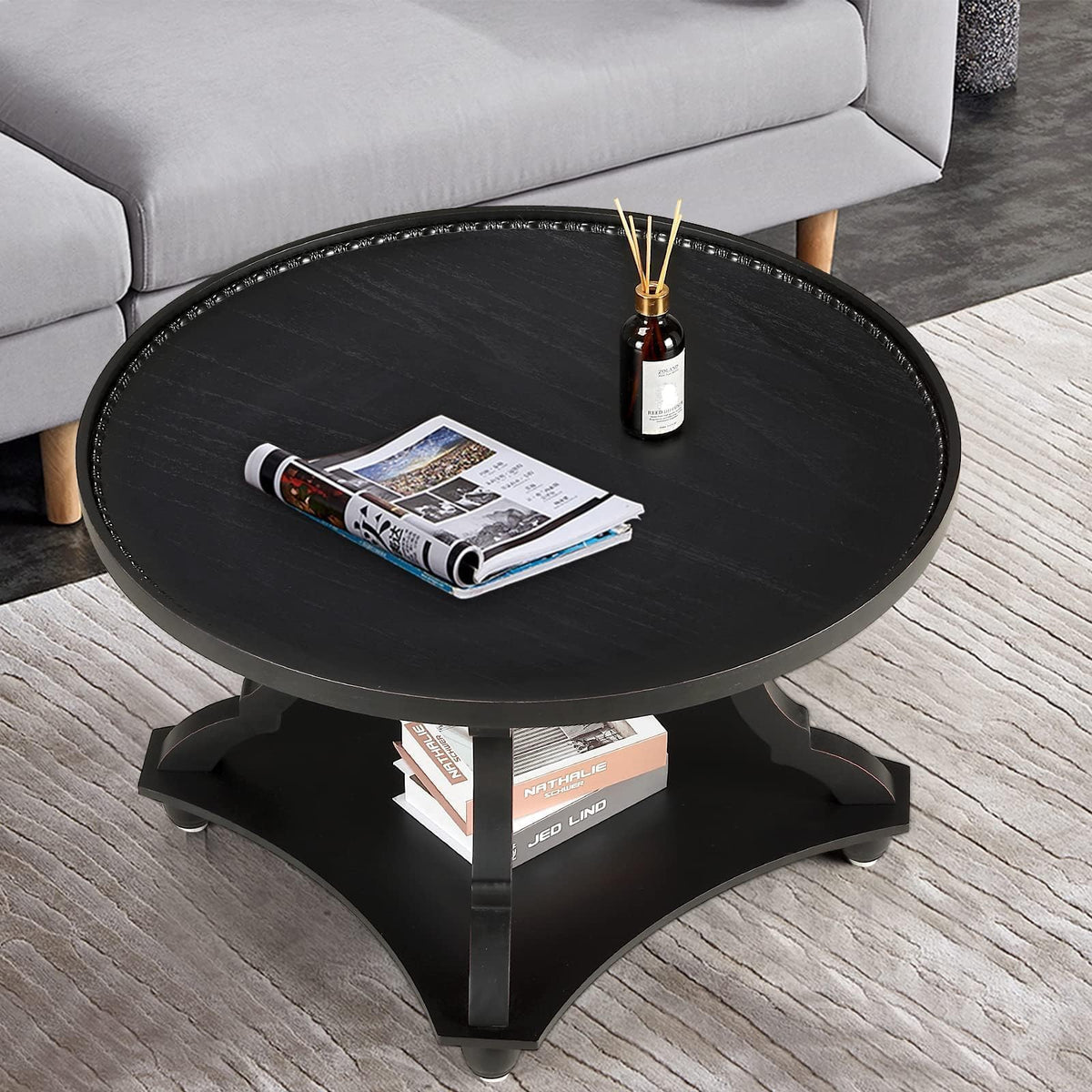 Wnutrees Farmhouse Round Coffee Table, Wood Tray Top with Storage Shelf