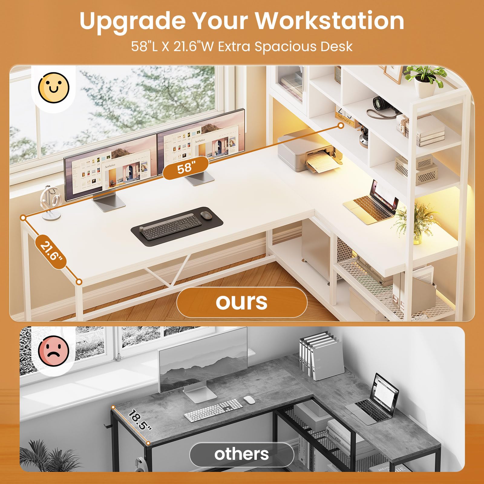 L-Shaped Desk with Bookshelf & LED Light Strips, 58"