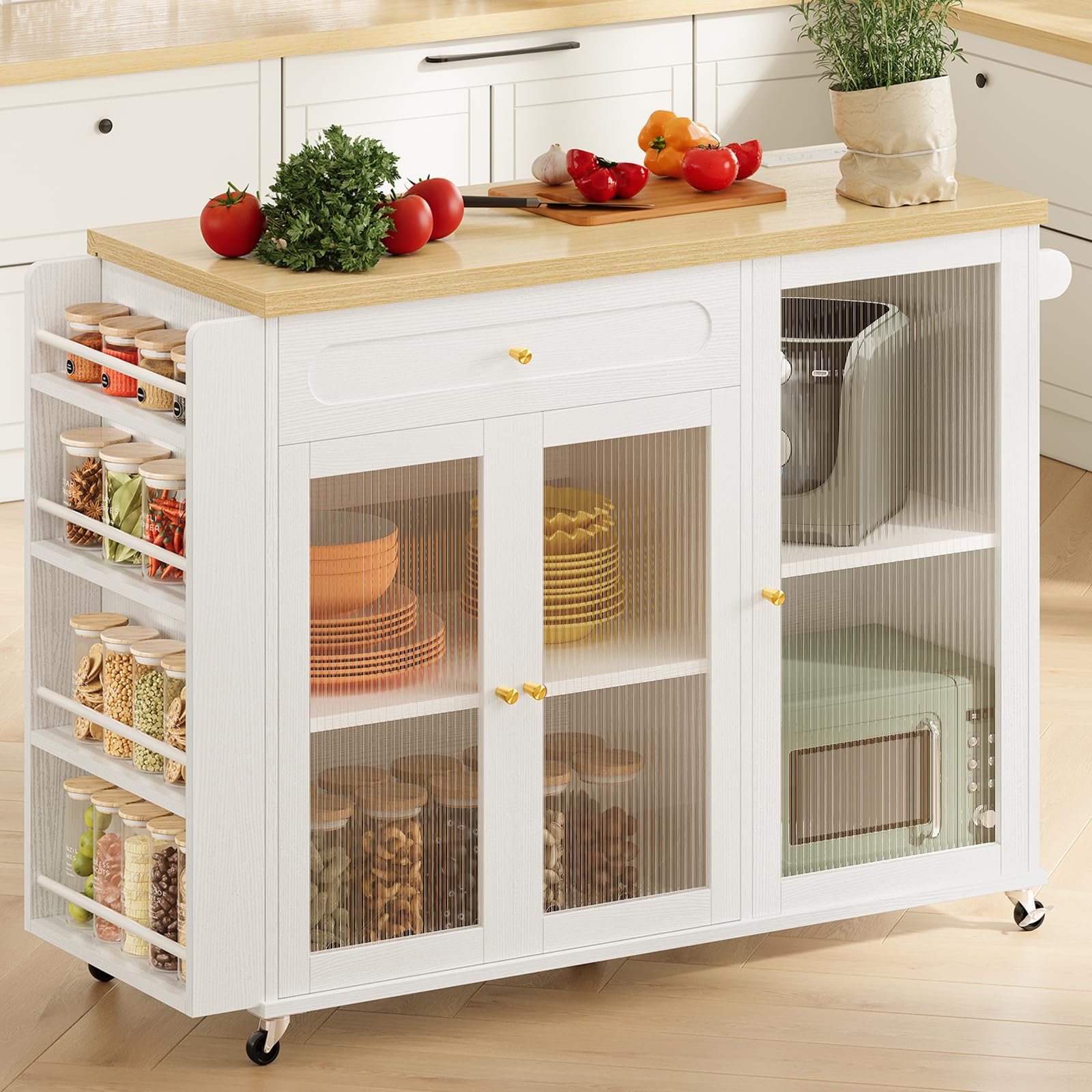 Curlaky Kitchen Island with Power Outlet - Kitchen Cart on Wheels with Storage Cabinets & Drawers, Rolling Island Table with Spice & Towel Rack, Portable Islands with Large Wood Counter, Dinning Room