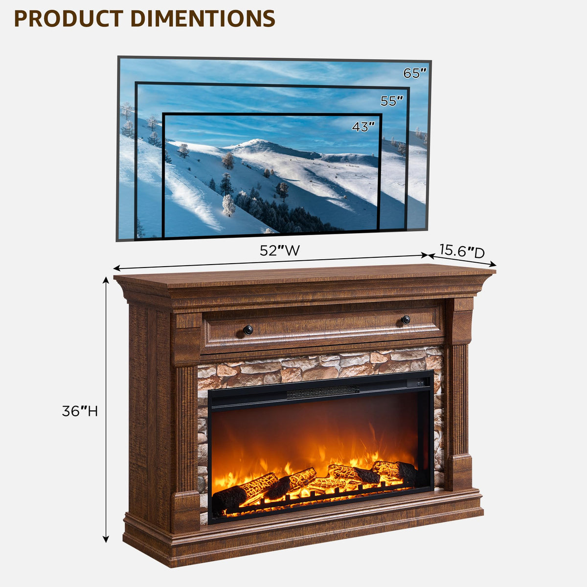 OKD 52" Farmhouse Electric Fireplace TV Stand with Mantel & Cabinet, 36" Freestanding Electric Fireplace Heater with Remote Control, Adjustable 3D Flame Effect, Brown