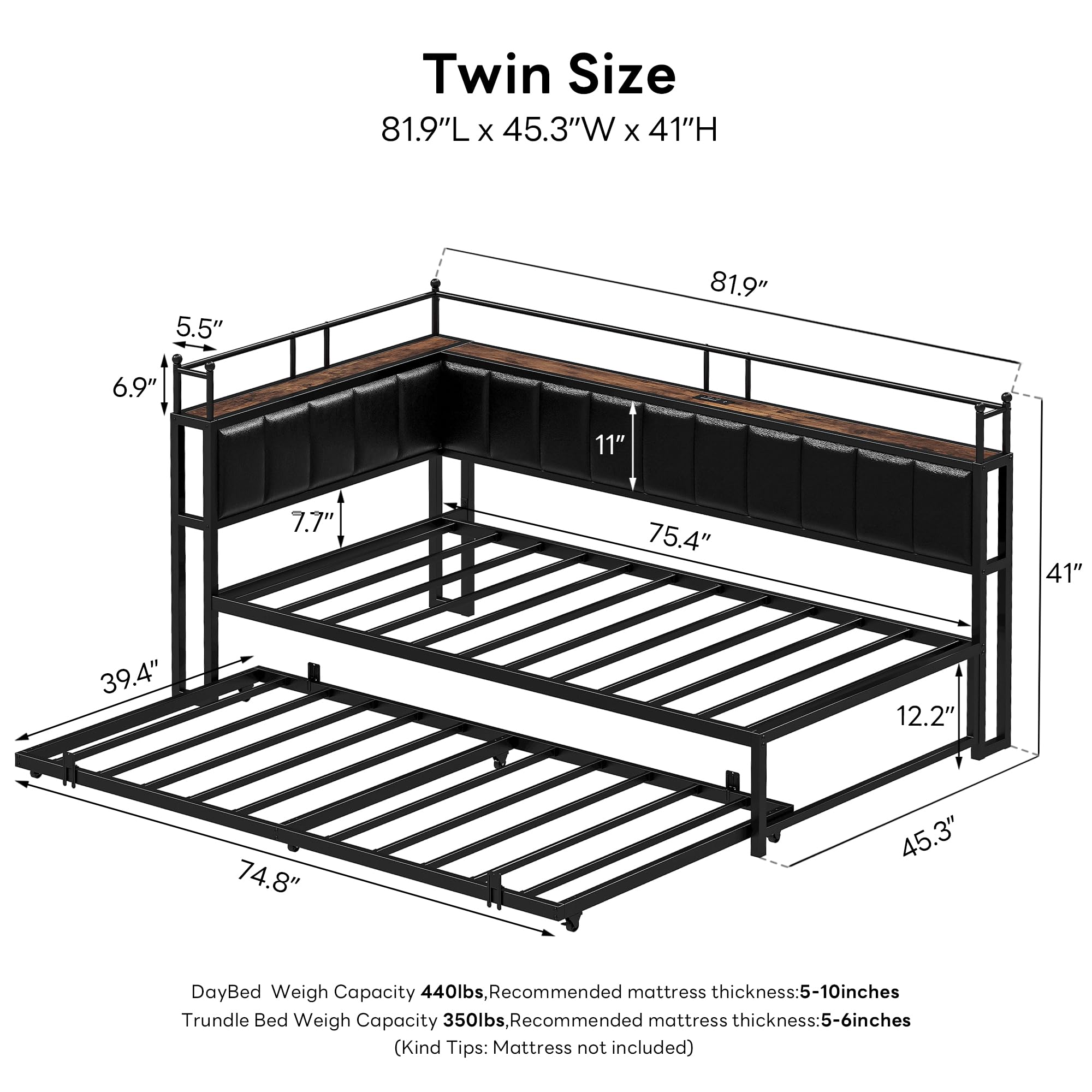 LIKIMIO Daybed with Trundle, Twin Corner Bed Frame with Bedside Storage,Sofa Day Bed for Living Room, Bedroom and Guest Room,Black