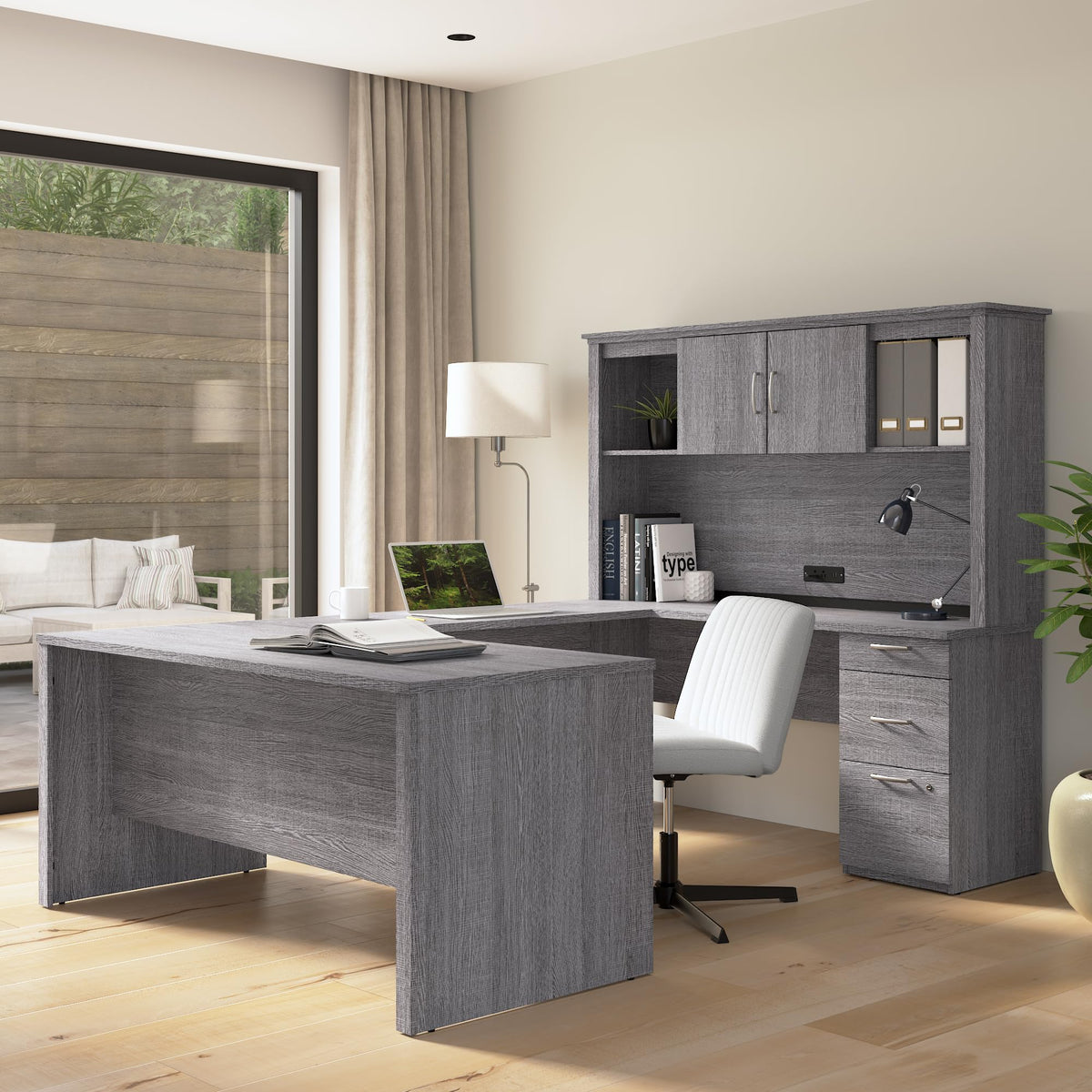 Bestar U or L Shaped Desk with Hutch and Drawers, Bark Grey, Logan, 66W