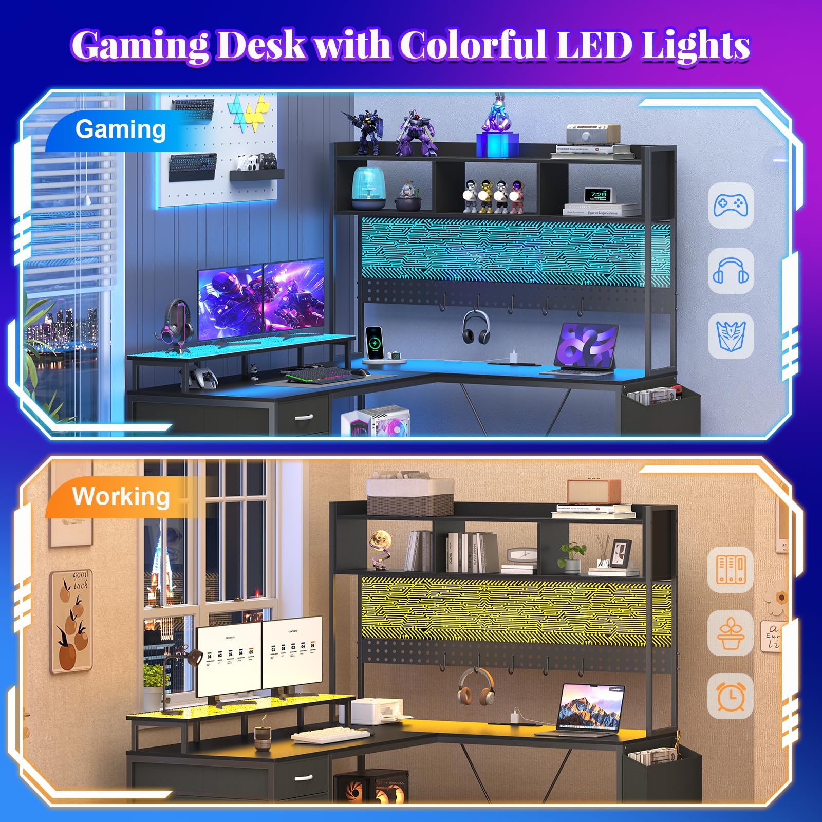 Gacfiew L Shaped Gaming Desk with Hutch, Reversible Computer Corner Desk with Drawers, Gaming Desk with LED Lights Panel, Power Outlets, Pegboard and Monitor Stand, Black