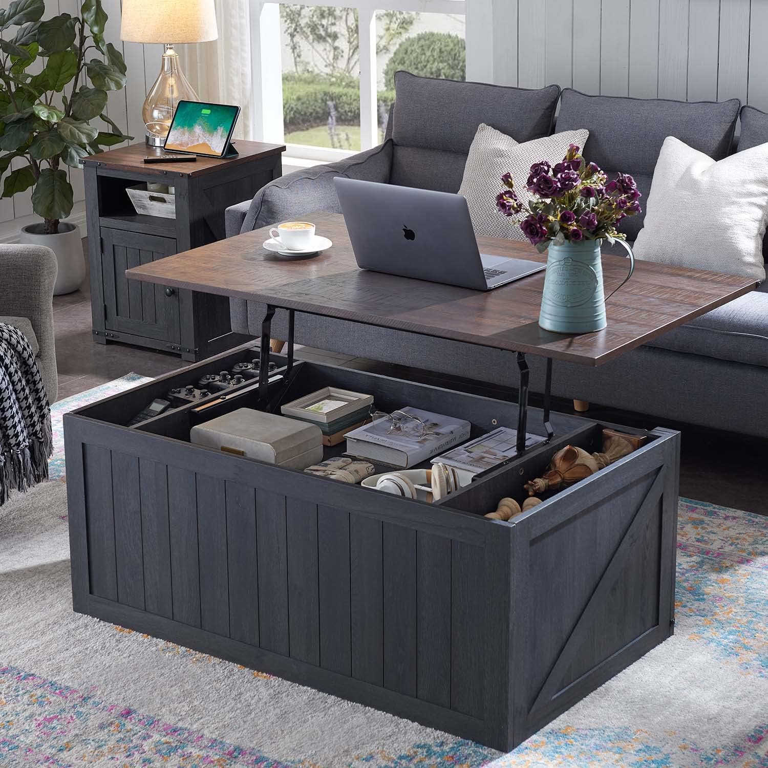 IFGET 48" Lift Top Coffee Table, Farmhouse Cocktai with Sliding Groove Barn Door, Rustic Wood Center Table w/Double Storage Spaces for Living Room, Dark Grey