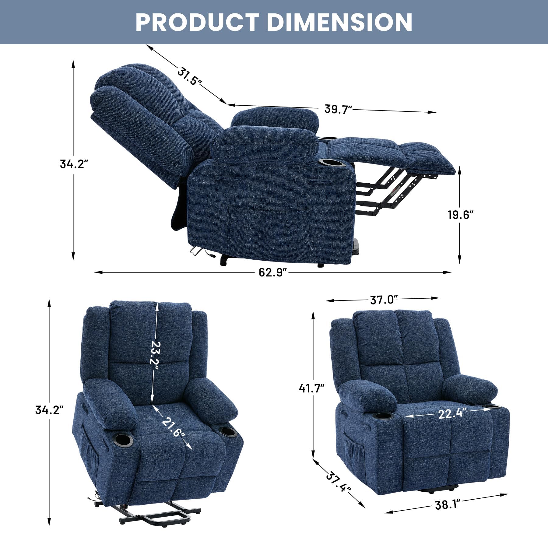 Garvee Power Lift Recliner Chair with Massage and Heat, Oversized Electric Lift Chair with Stand Assist, 155° Adjustable Lay Flat Recliner, 2 Cup Holders for Living Room