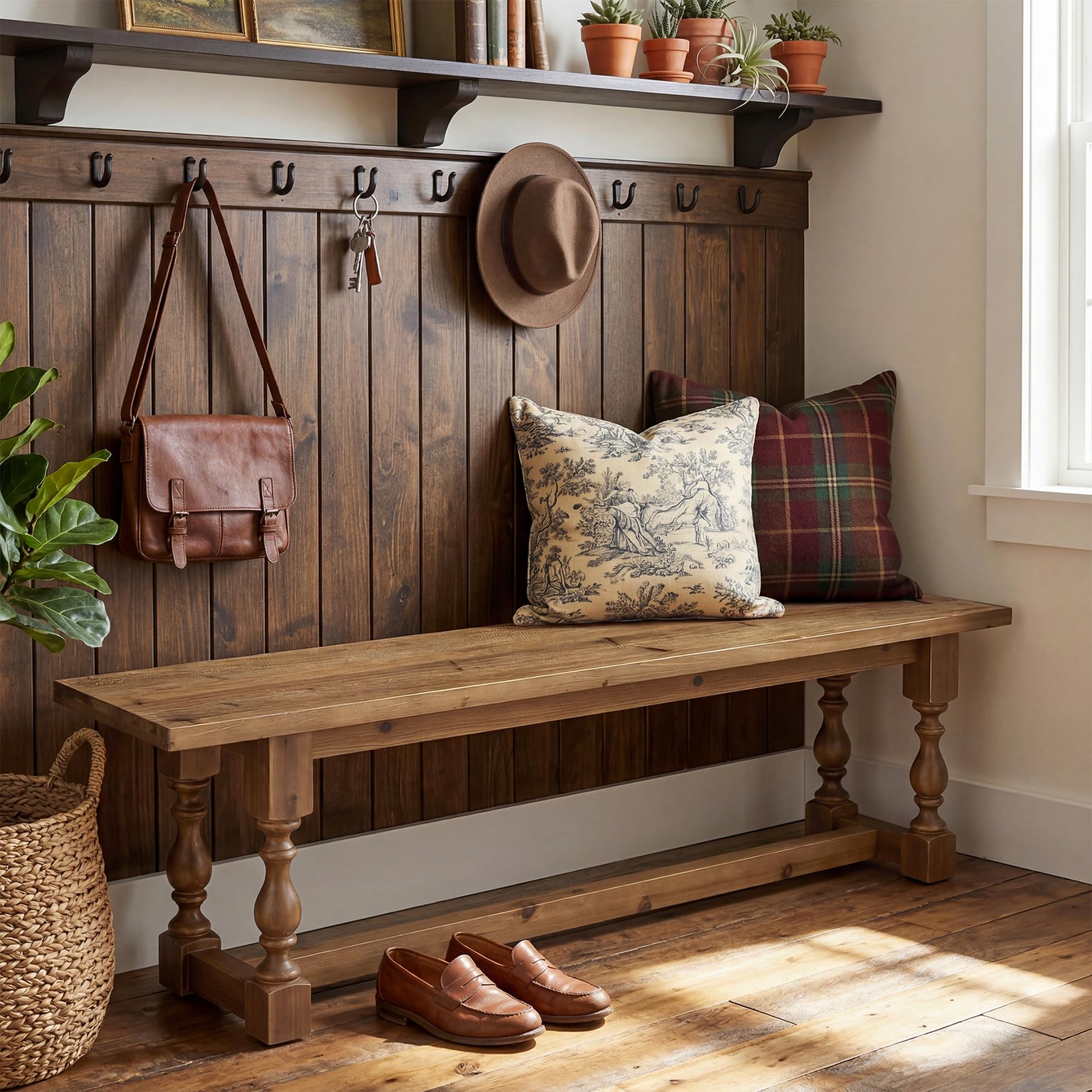 TRIBEWOOD Rustic Solid Wood Entryway Bench, 59.1" Long Farmhouse Dining Seat with Turned Legs, End of Bed Bench for Entryway, Dining Room, Bedroom, Holds Up to 300 lb, Easy Assembly, Natural Brown