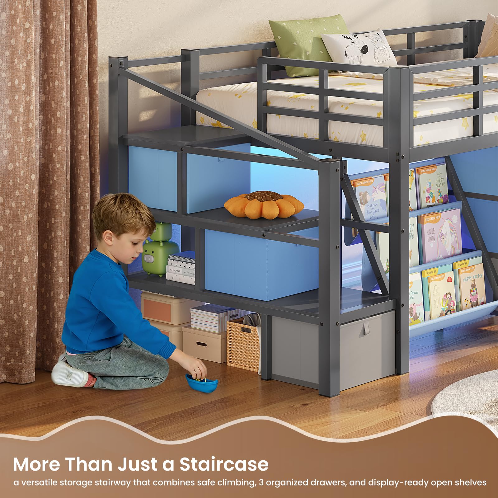 Kids Low Loft Bed Twin with Storage Drawers, LED Lights & Playhouse