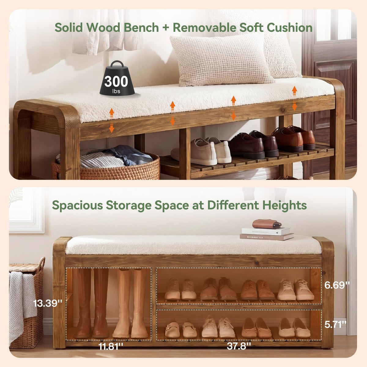 Solid Wood Shoe Storage Bench with Cushion