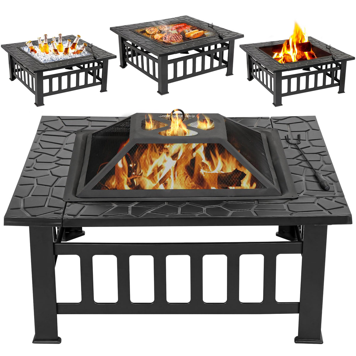 32 Inch Outdoor Fire Pit with Spark Screen Lid and Waterproof Cover, Square Metal Firepit Backyard Patio BBQ Garden Stove Fireplace for Camping Trip, Outside Wood Burning and Picnic