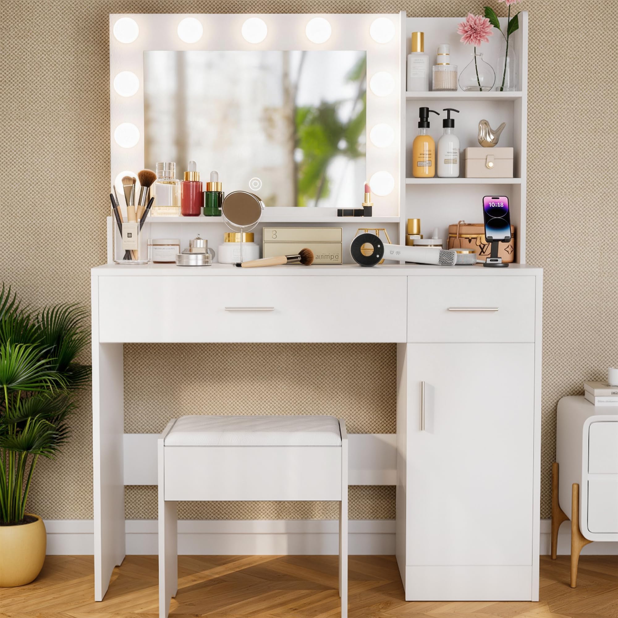 Trumbeak Vanity Desk with Mirror and LED Lights,Vanity Desk with 3 Drawers & 3 Storage Shelves,Vanity Table with Chair,Three Adjustable Lighting Modes,Bedroom Vanity,White