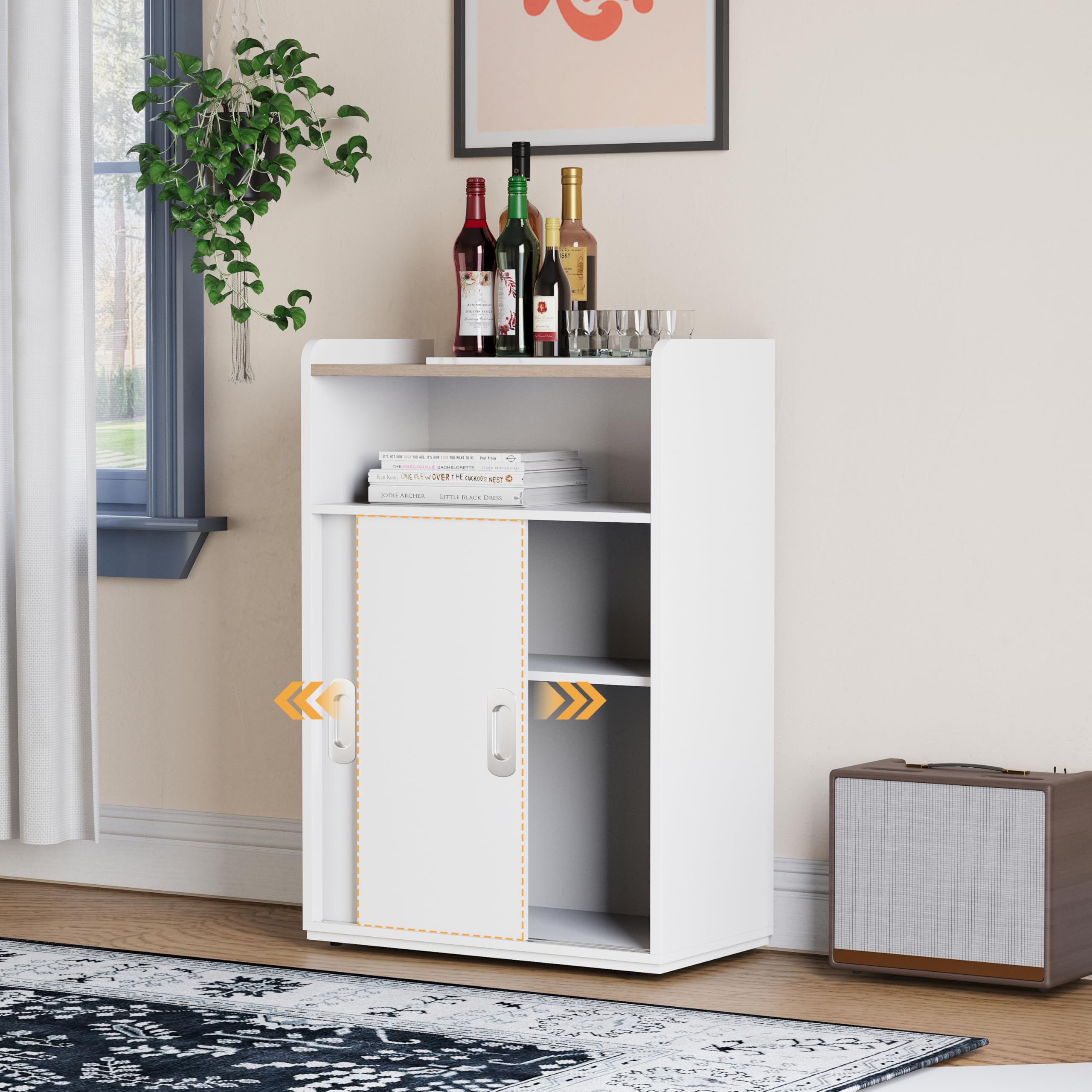 PROXRACER 22" Slim Floor Cabinet with Sliding Doors & Adjustable Shelves, Shallow Storage Cabinet for Bathroom, Living Room, Kitchen & Small Spaces, White