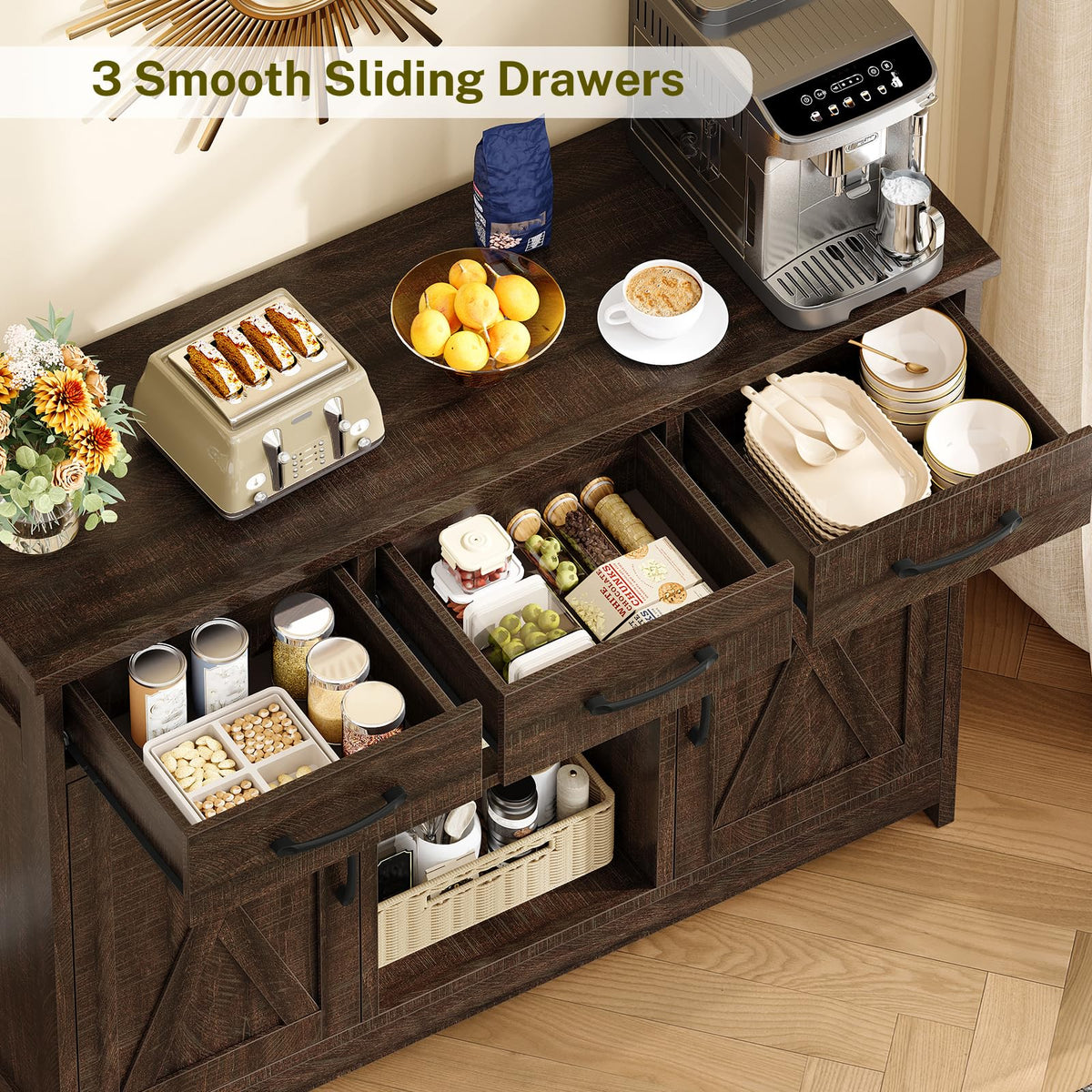 TEENFON Coffee Bar Cabinet with 3 Drawers, Farmhouse Buffet Cabinet