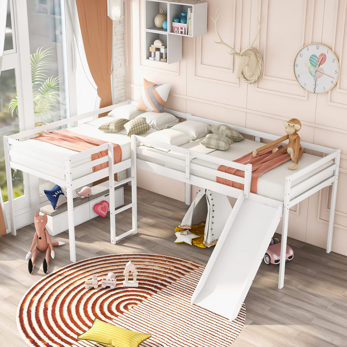 Twin L-Shaped Loft Bed with Slide