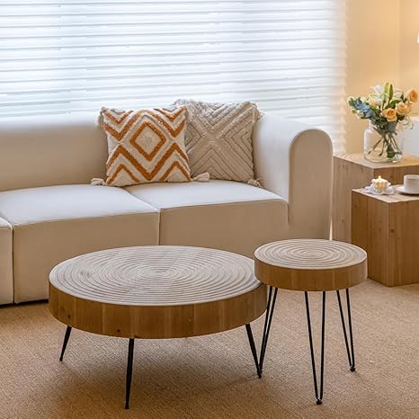 Round Farmhouse Nesting Coffee Table Set – 2-Piece, Wood Radial Pattern